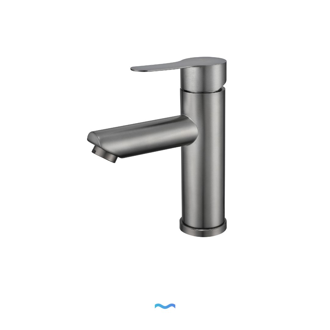 Robinet compact pour salle de bain gris métallisé: élégant robinet de lavabo en acier inoxydable, design moderne et minimaliste.