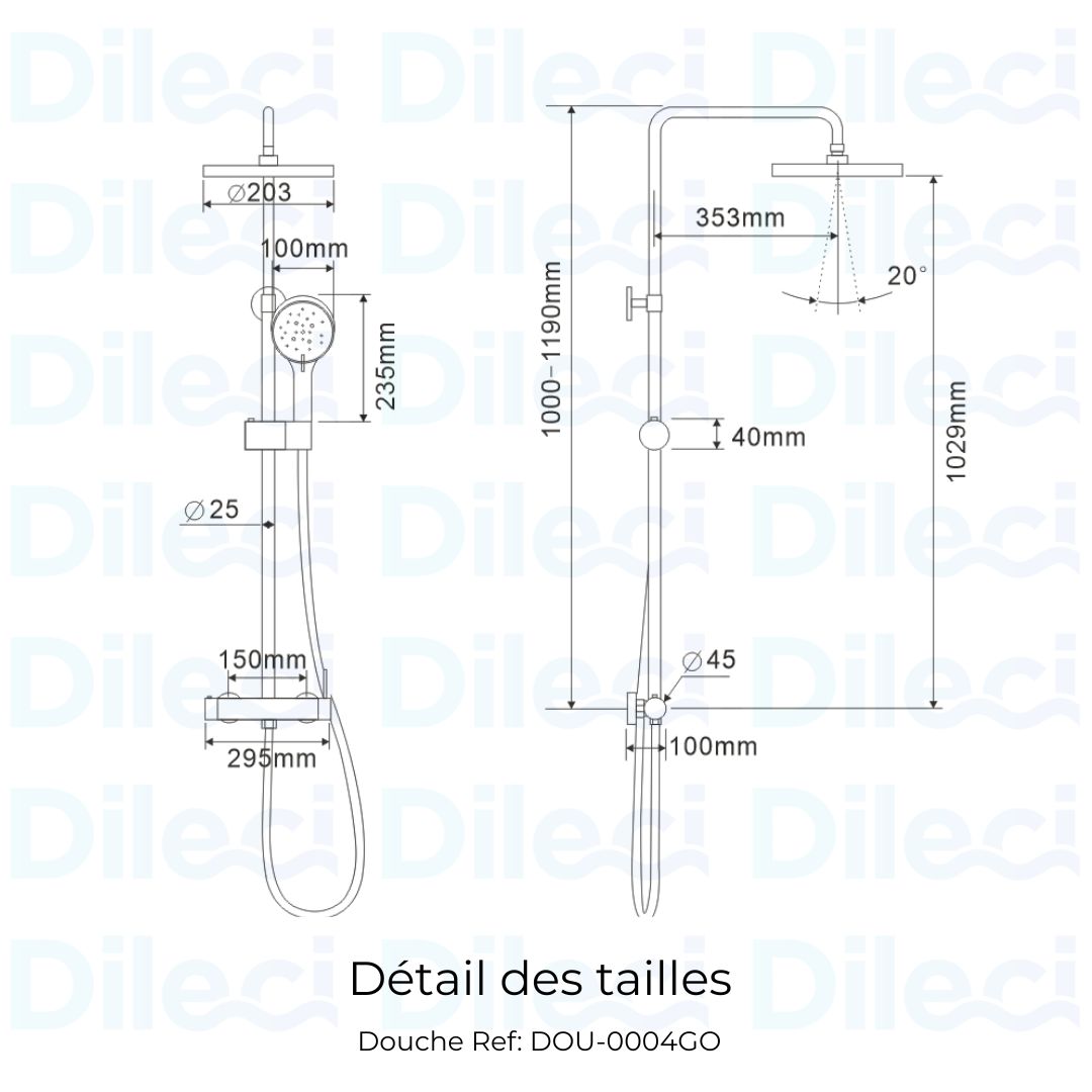 Colonne de douche couleur ou brossée : Colonne de douche moderne en or brossé avec pommeaux de douche de tête et à main, mitigeur thermostatique et hauteur réglable.