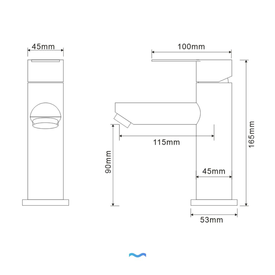 Robinet compact pour salle de bain gris métallisé:  Modern metallic gray bathroom faucet, 165mm high, 115mm spout reach.