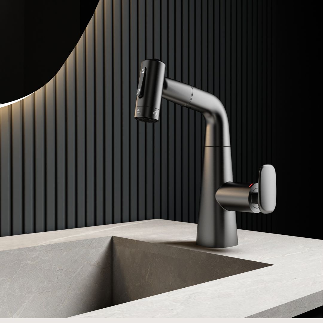 Robinet multifonction salle de bain gris métalisé : Robinet de salle de bain noir mat moderne avec commandes d'eau chaude/froide séparées et un design élégant et minimaliste.