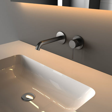 Robinet à bec encastré thermostatique noir mat:  Modern matte black thermostatic built-in faucet with sleek design.