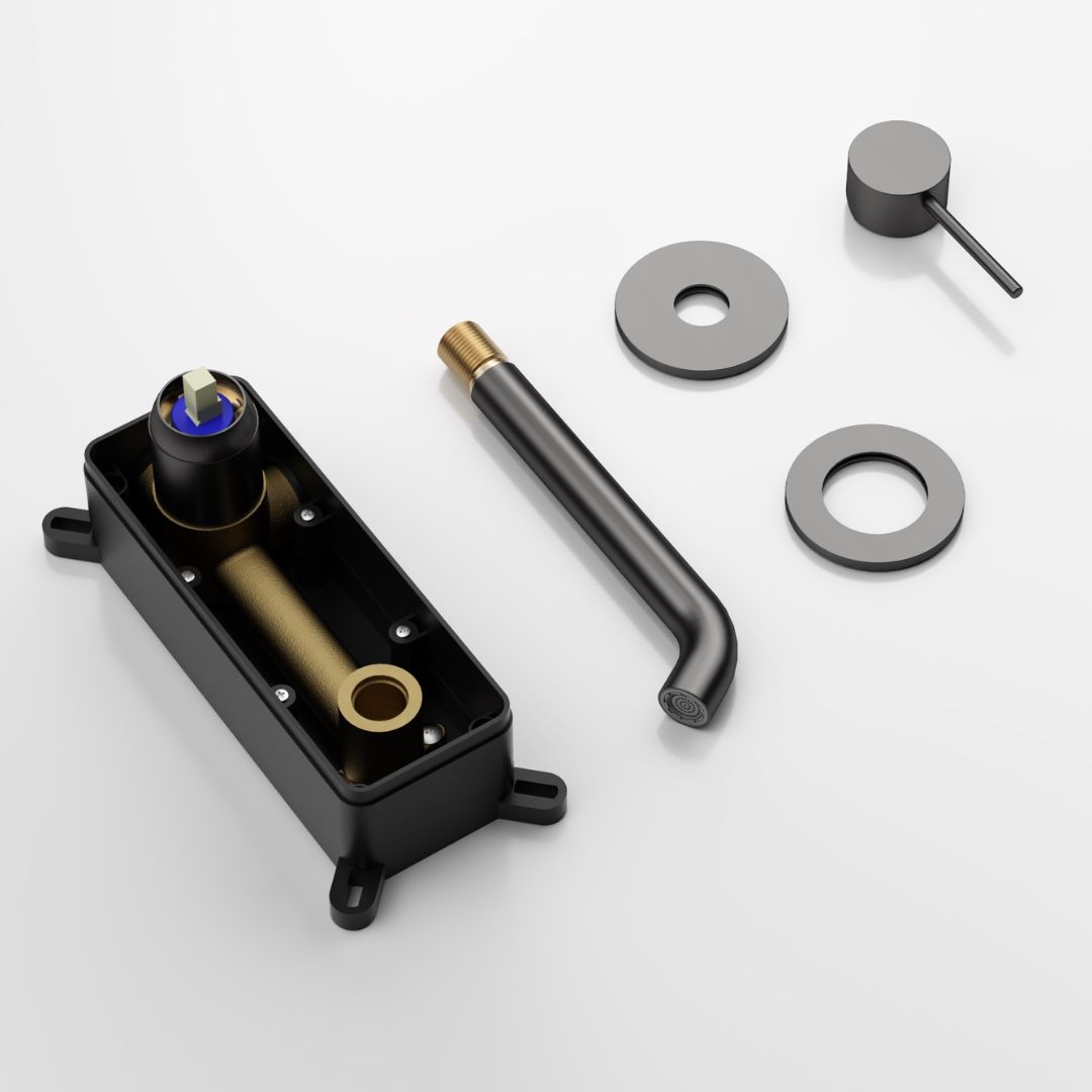 Robinet à bec encastré thermostatique noir mat: Components of a matte black thermostatic built-in faucet, including body, spout, and handles.