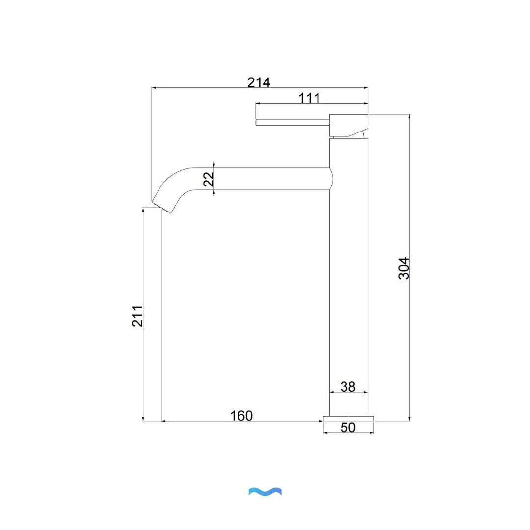 Robinet à bec haut pour salle de bain couleur or: Gold bathroom faucet with high spout, modern design, detailed dimensions shown.