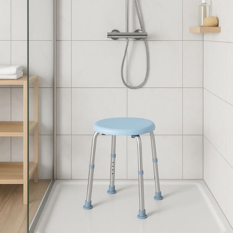 Tabouret de douche réglable avec assise bleu clair et pieds argentés, idéal pour se doucher en toute sécurité.