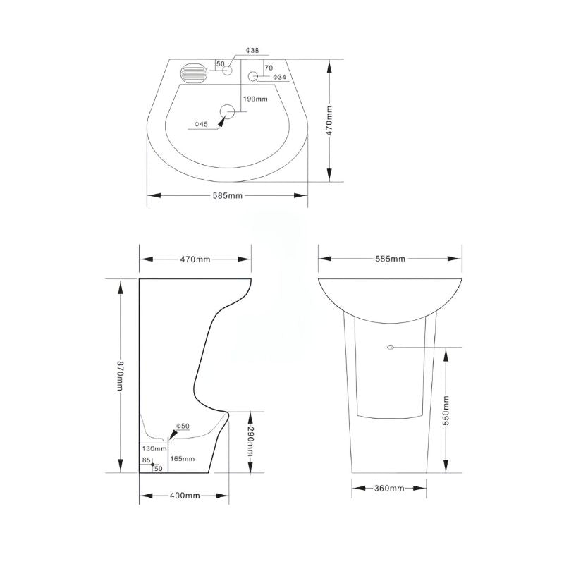 Lavabo d'ablutions - Bassin Lavage des pieds Wudu : Dimensions détaillées d'un lavabo sur pied parfait pour les ablutions de salle de bain ou Wudu.