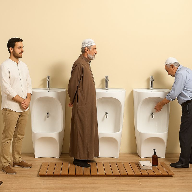 Bassin d'ablution Marrakech : Lavabo moderne blanc pour le lavage des pieds, idéal pour la purification rituelle. Design épuré et repose-pieds en bois.