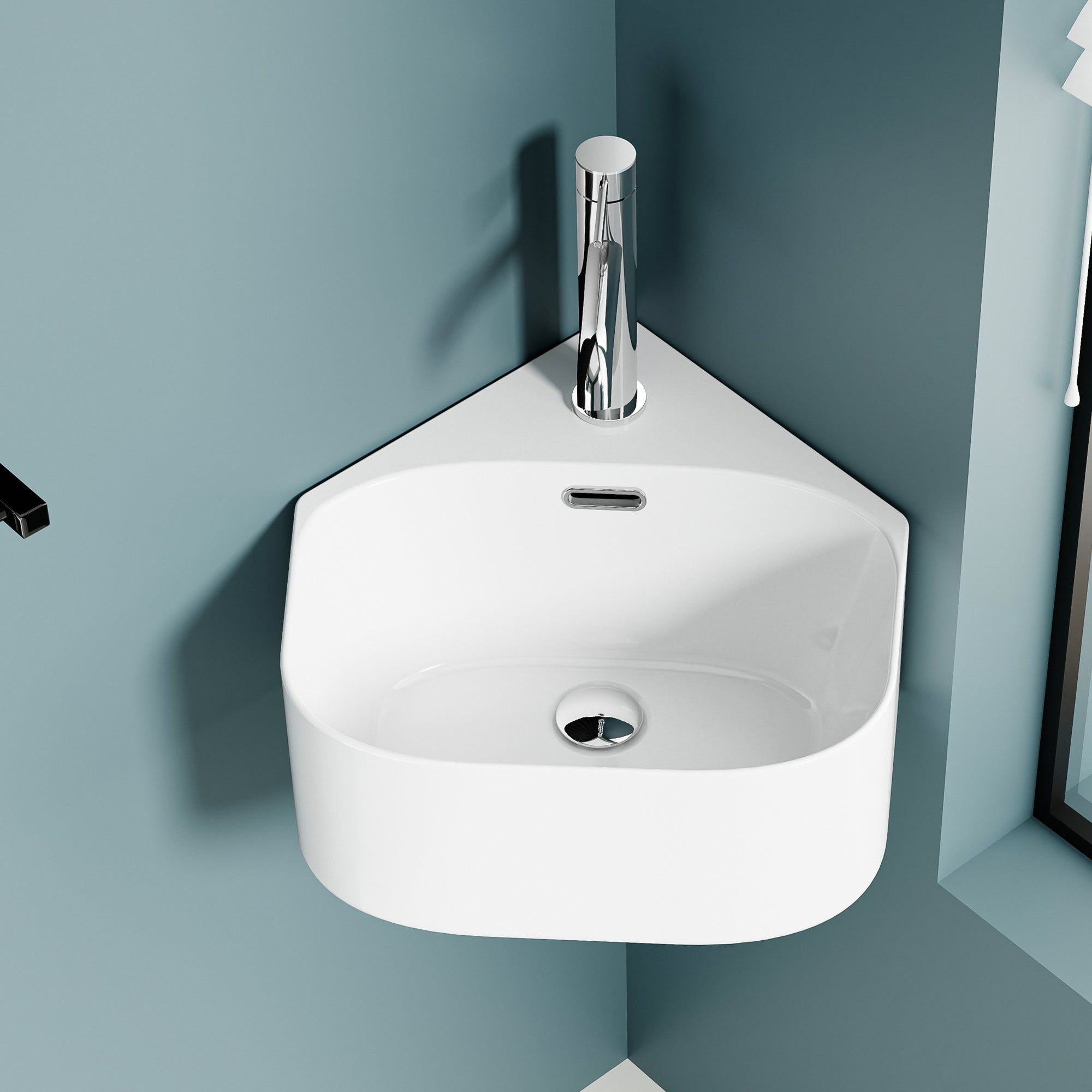 Vasque lave-mains triangulaire blanc pour coin, 43,5 cm de large.