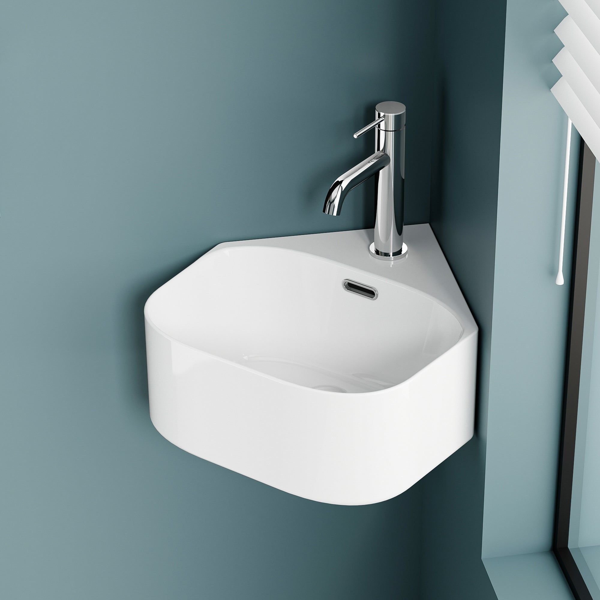Vasque de coin triangulaire blanc avec robinetterie chromée, 43,5 cm.