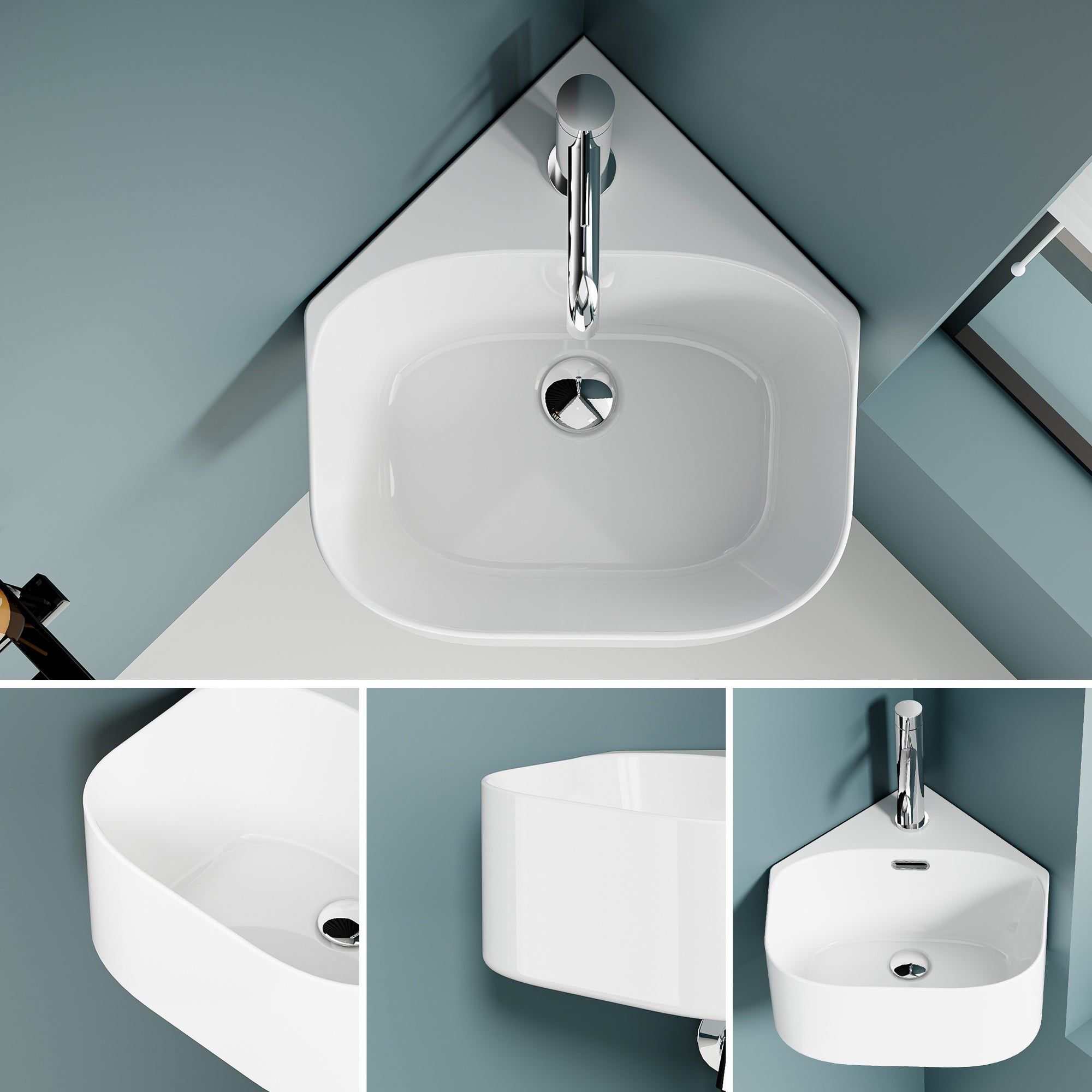 Vasque lave-mains triangulaire blanc pour coin, 43,5 cm de large, design moderne.