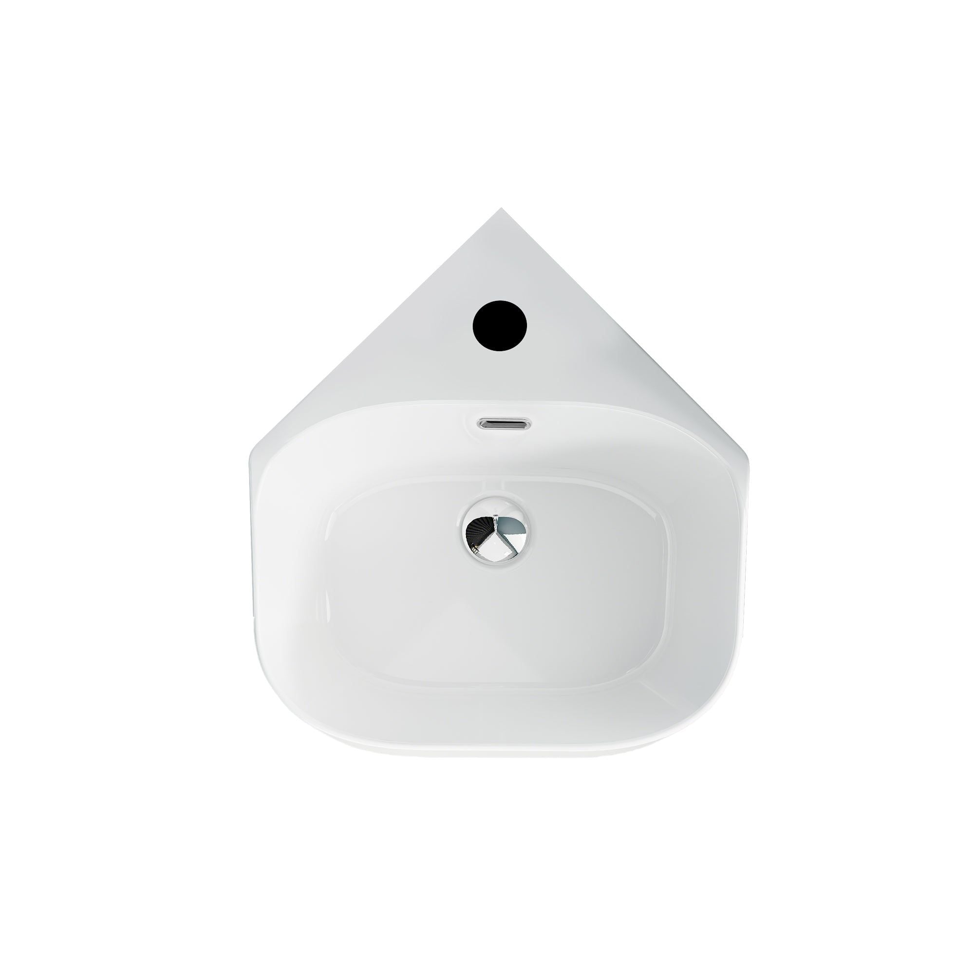 Vasque lave-mains triangulaire blanc pour coin, 43,5x40x16,5 cm, vue de dessus.