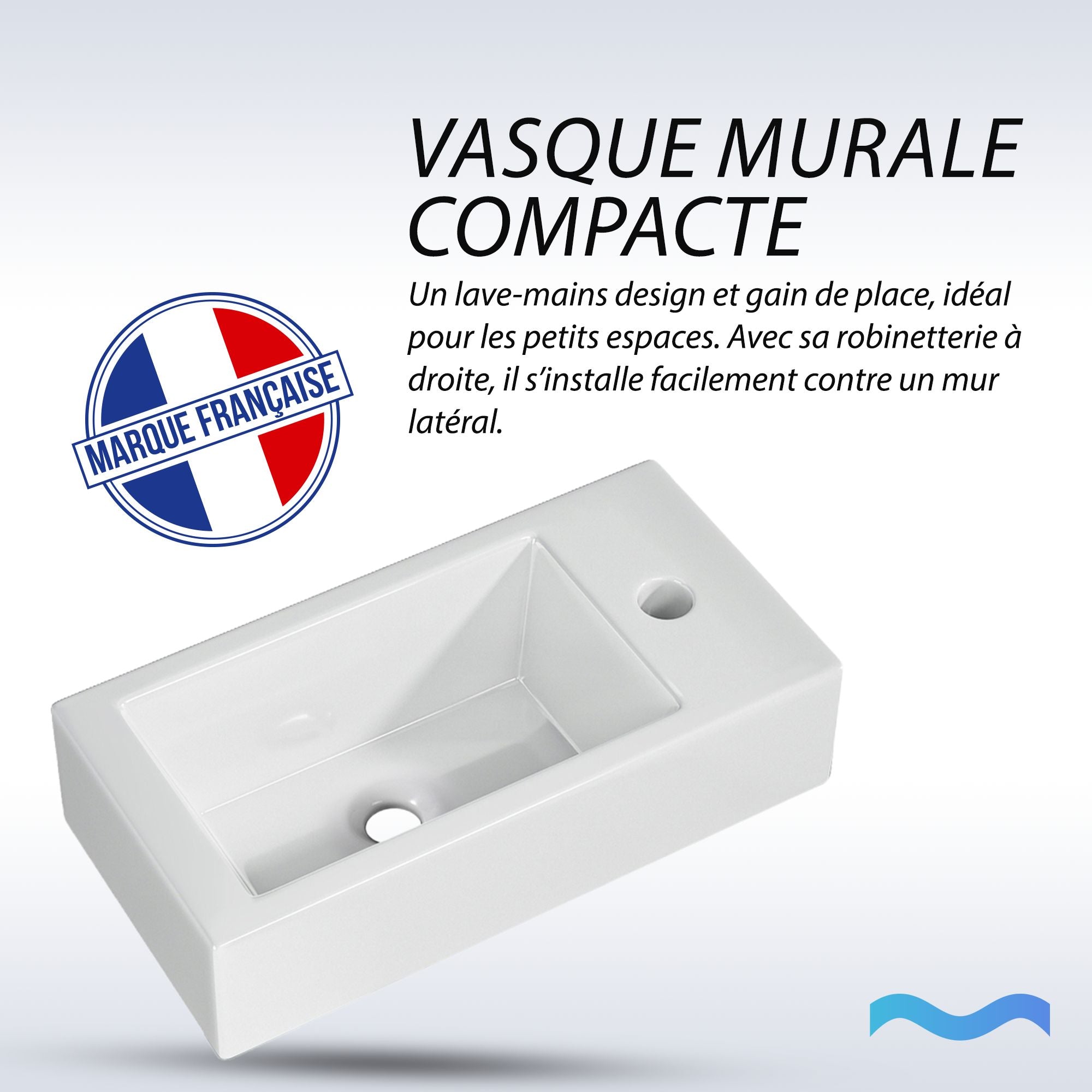 Lavabo de salle de bain mural compact (36,5x18x9cm) avec robinet à droite ; idéal pour les petits espaces.