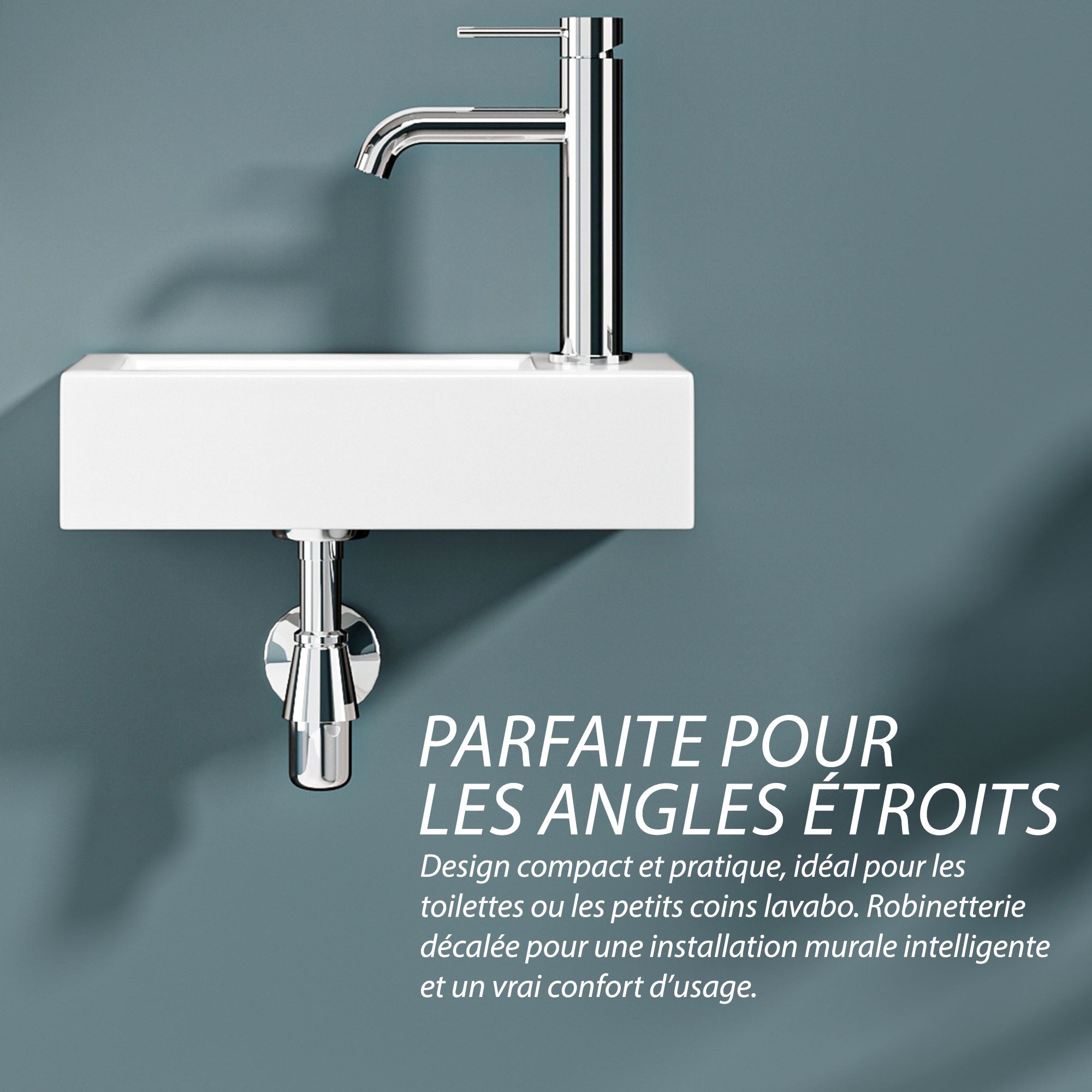 Vasque lave-mains sortie droite (36,5 x 18 x 9 cm) : Lavabo d'angle gain de place, mural, avec robinetterie chromée. Idéal pour les petites salles de bains.