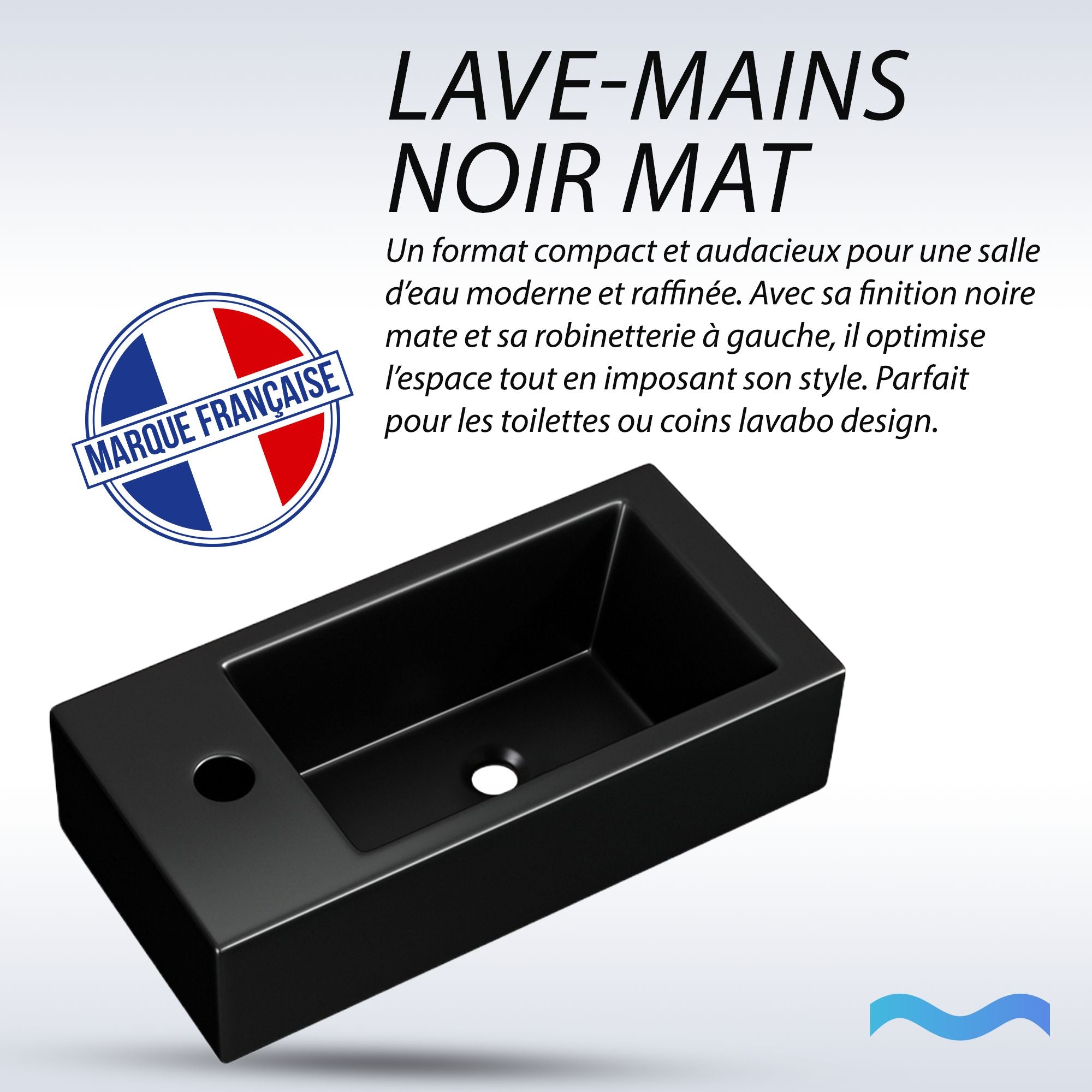 Vasque lave-mains noire mate : Vasque compacte noire mate (36,5x18x9cm) avec robinet à gauche, parfaite pour les petites salles de bain.