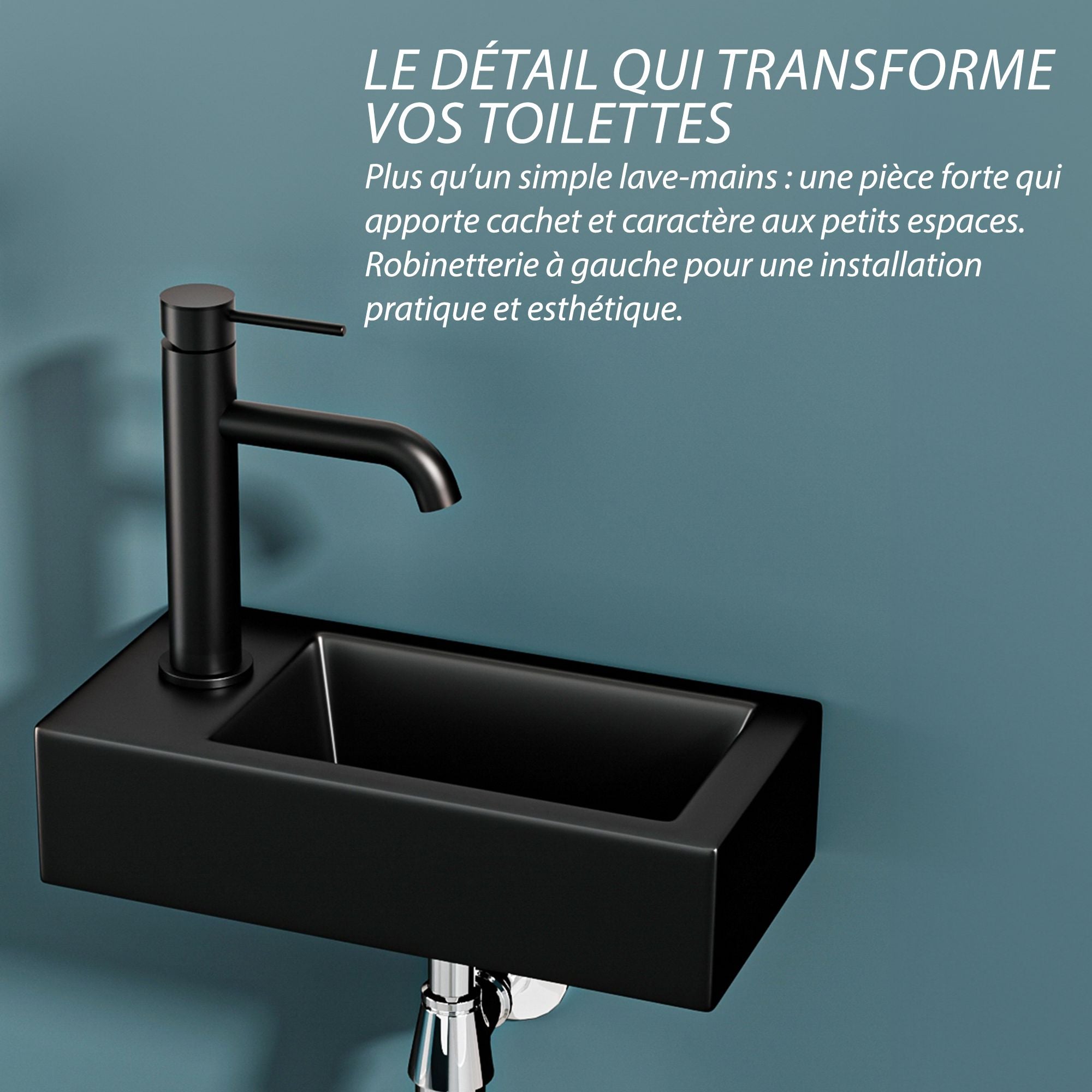 Lavabo mural noir mat (36,5 x 18 x 9 cm) avec robinet à gauche. Design moderne et compact pour les petites salles de bains.