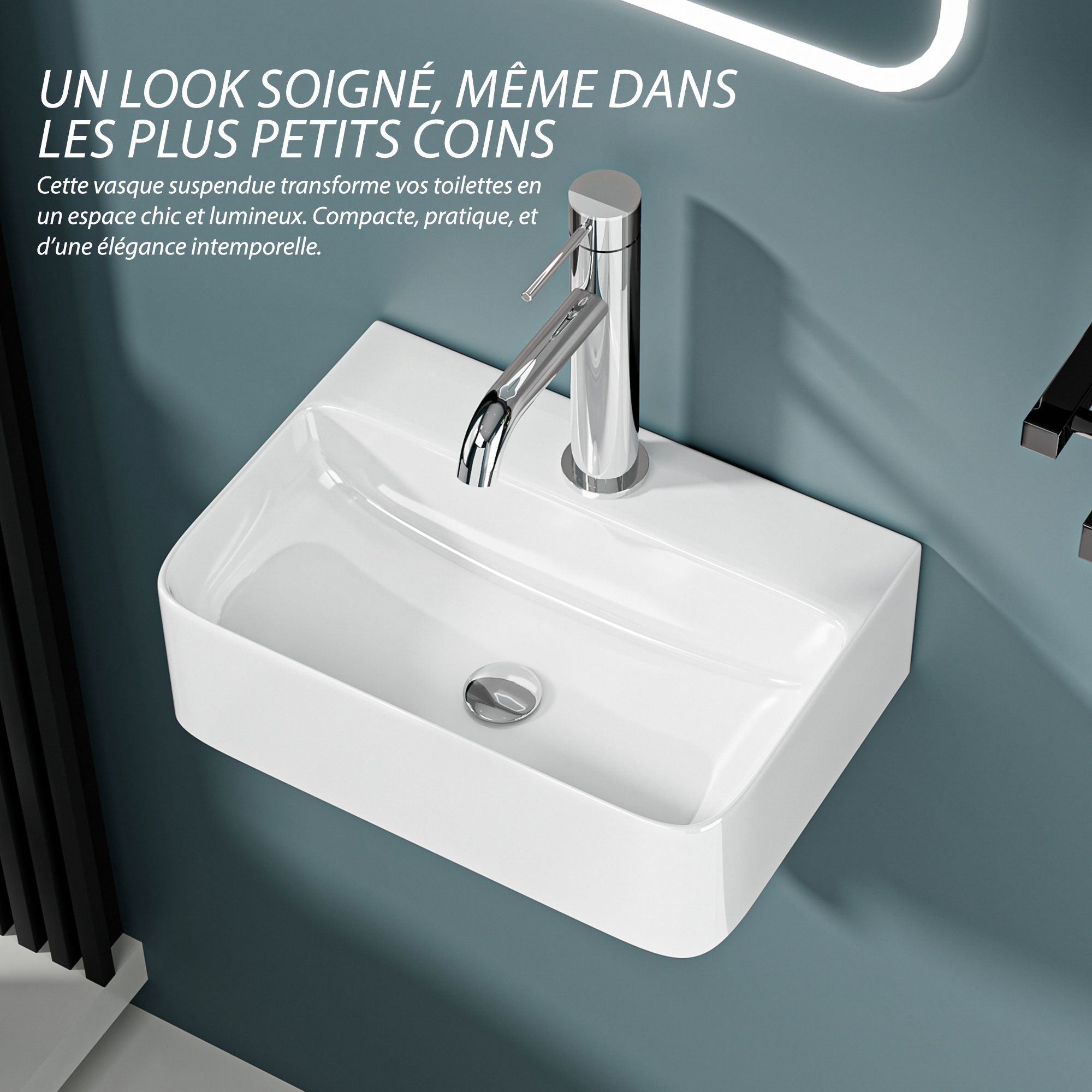 Vasque lave-mains suspendu blanc (36x25x11) : Vasque de salle de bain murale moderne en céramique blanche, design compact.
