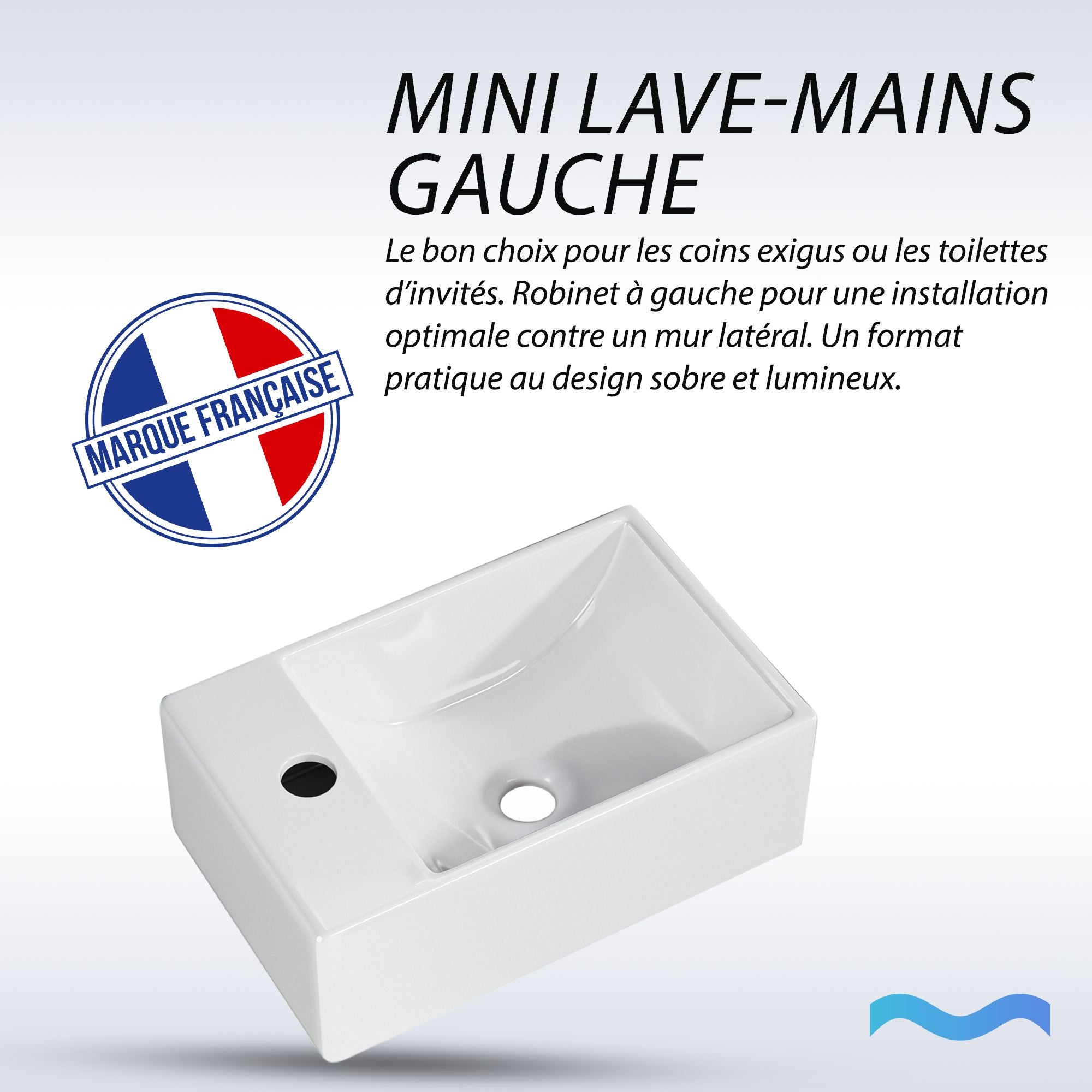 Mini lave-mains blanc : Lavabo d'angle compact blanc (30x19x11cm) avec robinet à gauche, idéal pour les petites salles de bain.