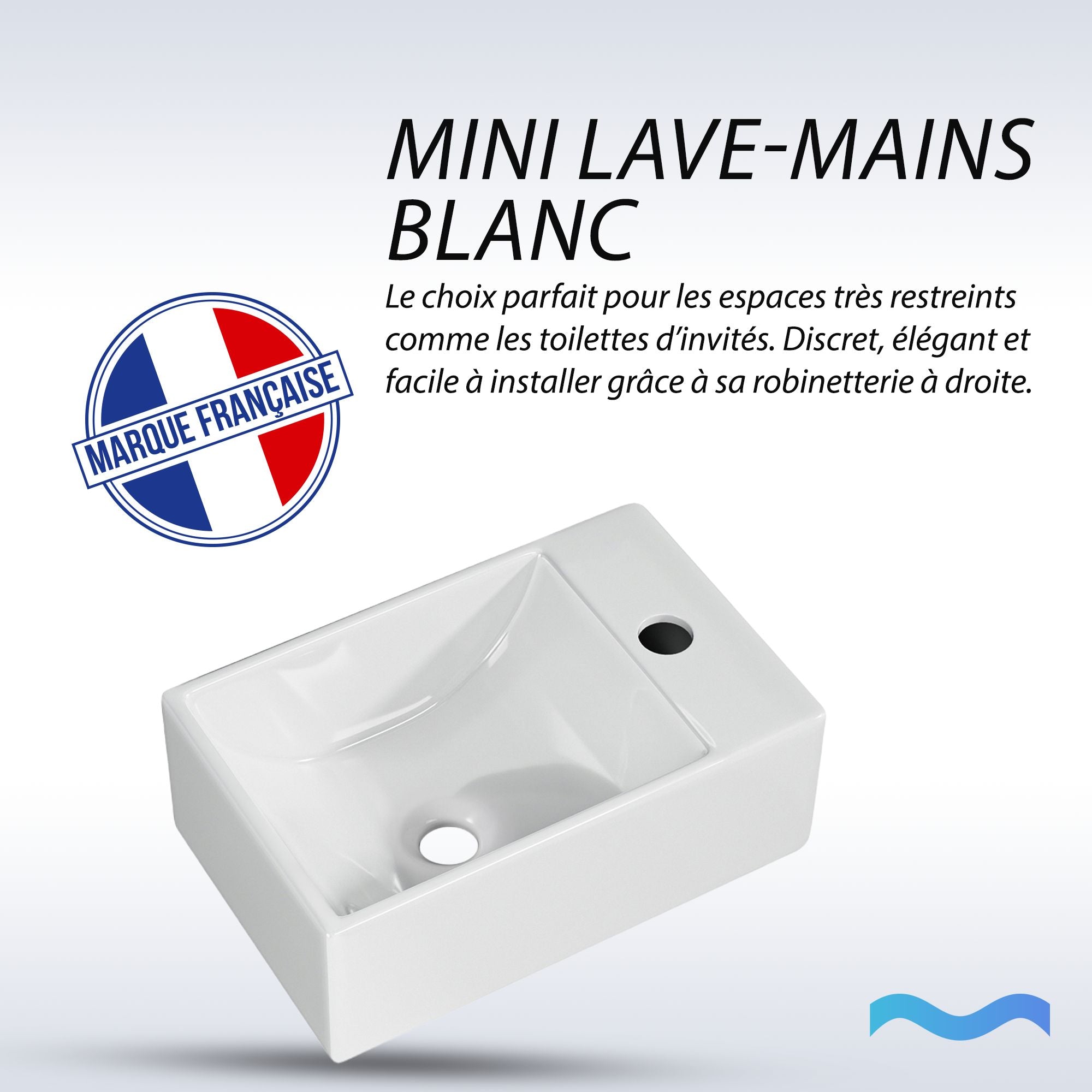 Mini lave-mains blanc : Lavabo compact en céramique blanche (30x19x11cm), parfait pour les petites salles de bain, doté d'un trou de robinet à droite.