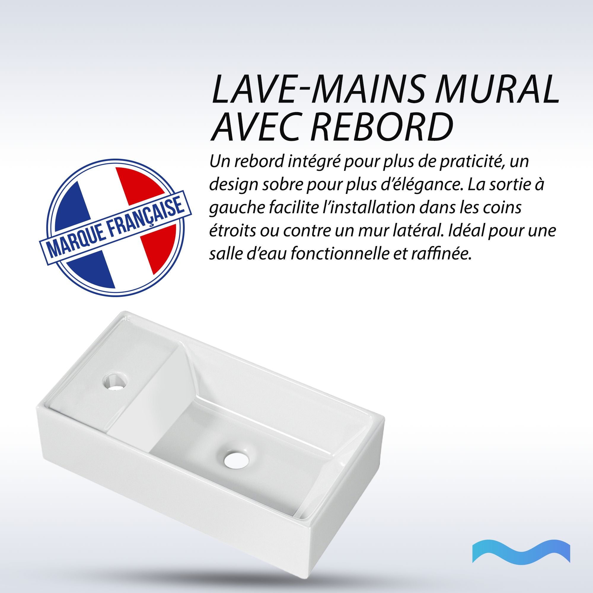 Lave-mains avec rebord sortie gauche : Lavabo mural compact en céramique blanche avec rebord intégré et bonde à gauche. (41,5x22x10cm)