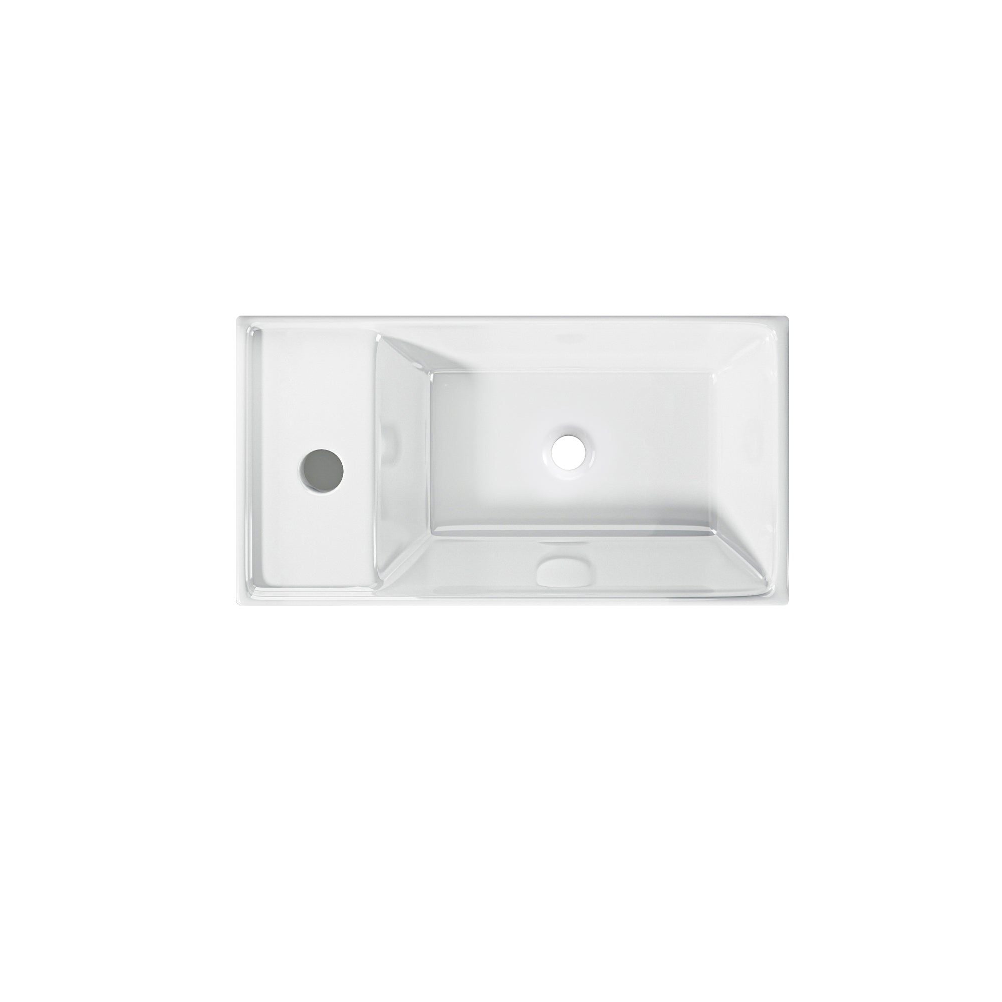 Lave-mains avec rebord sortie gauche : Lavabo mural en céramique blanche (41,5x22x10cm) avec vasque latérale intégrée.