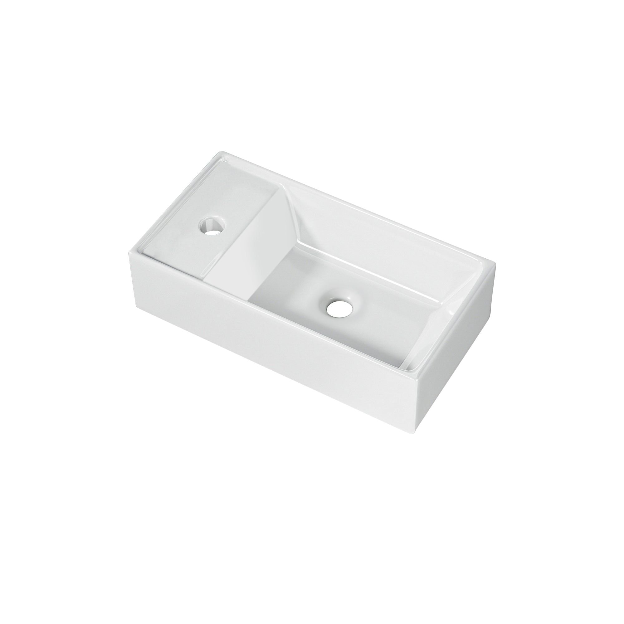 Lave-mains avec rebord sortie gauche (41,5x22x10cm): White ceramic rectangular sink with integrated smaller basin. 41.5x22x10cm.