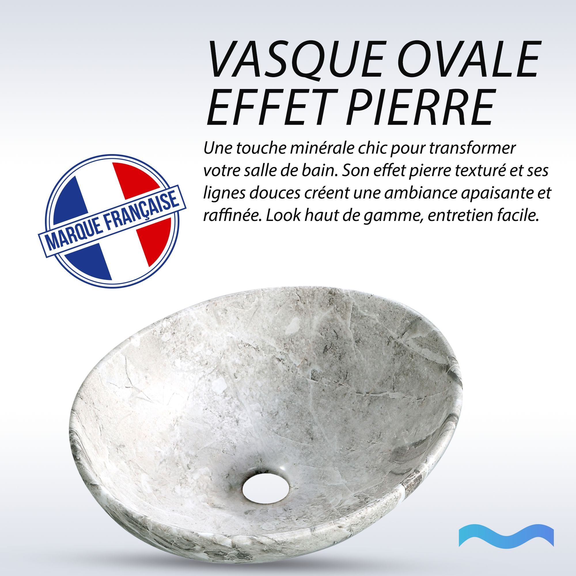 Vasque ovale effet pierre naturelle : Élégant lavabo de salle de bain ovale (41,5x33,5x14,5cm) avec un effet pierre naturelle, parfait pour une salle de bain moderne.