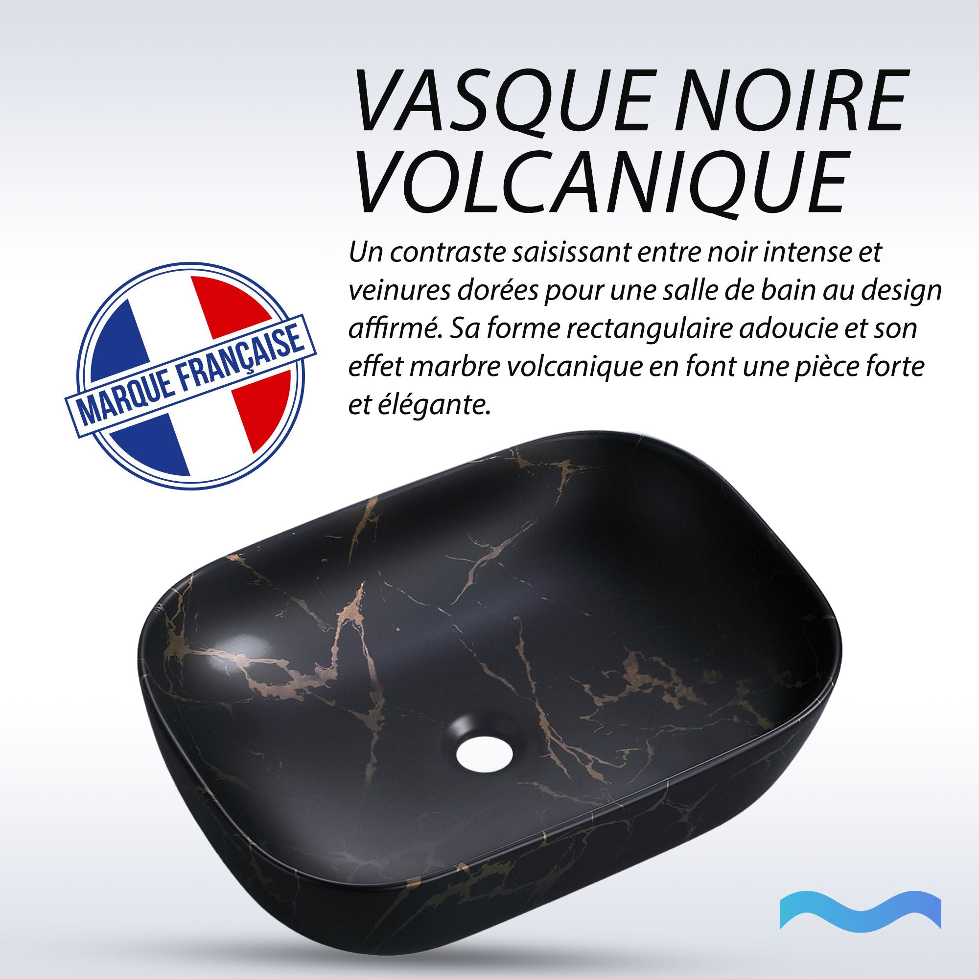Vasque rectangulaire noir effet volcan : Élégant lavabo de salle de bain rectangulaire noir (46x32cm) avec un effet volcanique moderne et des veines dorées.