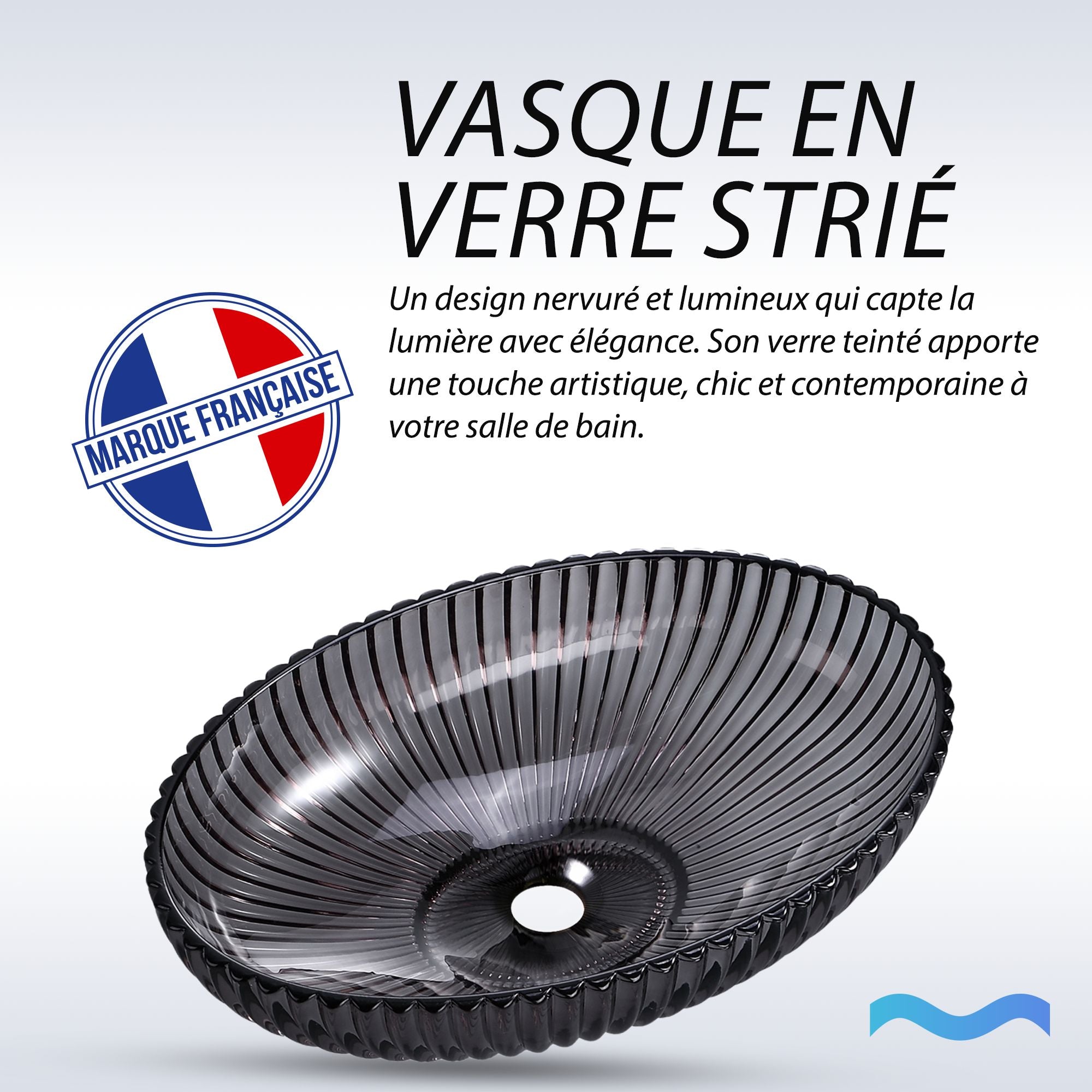 Lavabo de salle de bain élégant en verre gris foncé ; forme ovale avec un design nervuré et texturé. 51x35x15,5cm.