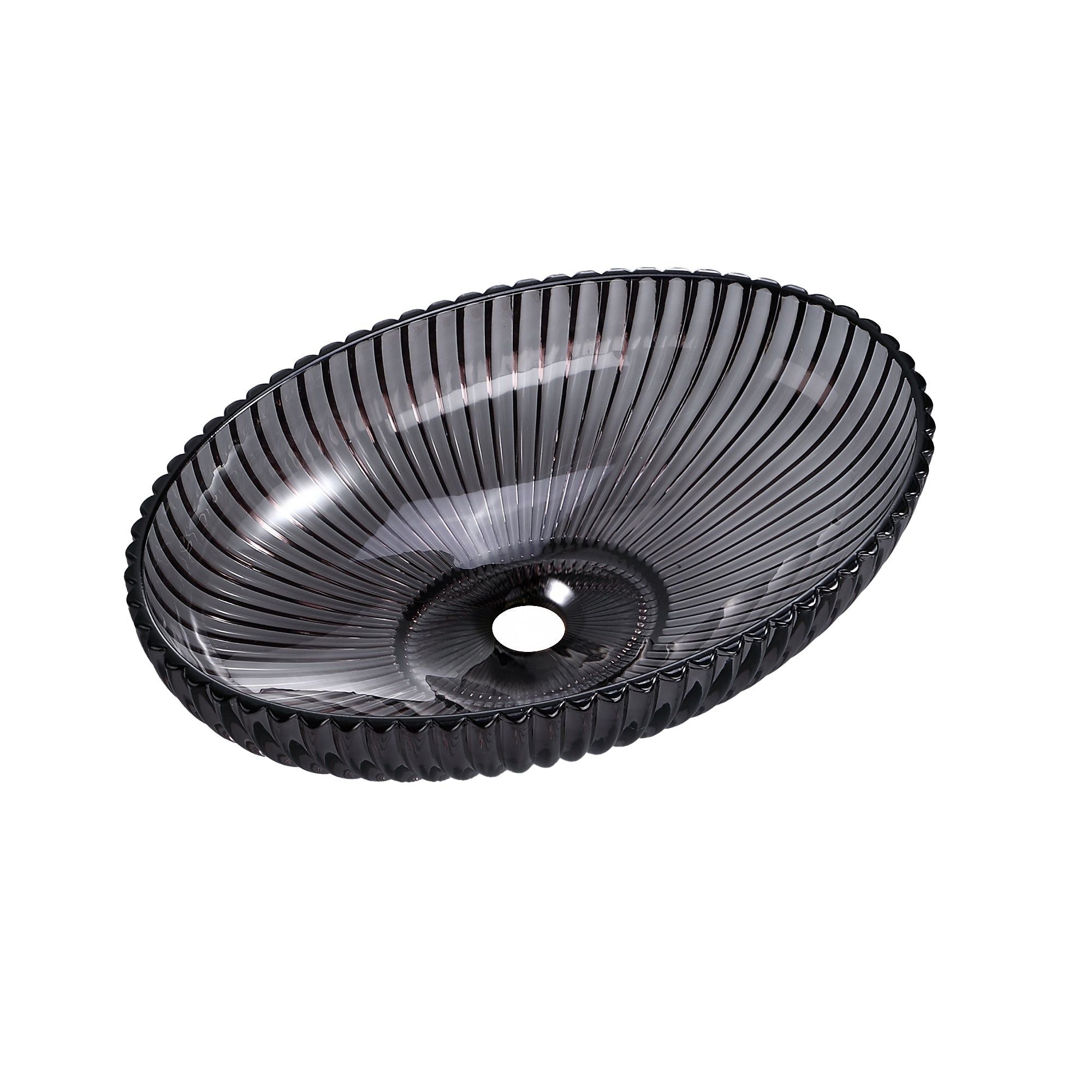 Lavabo ovale en verre rayé, 51 x 35 x 15,5 cm. Gris foncé, design nervuré.