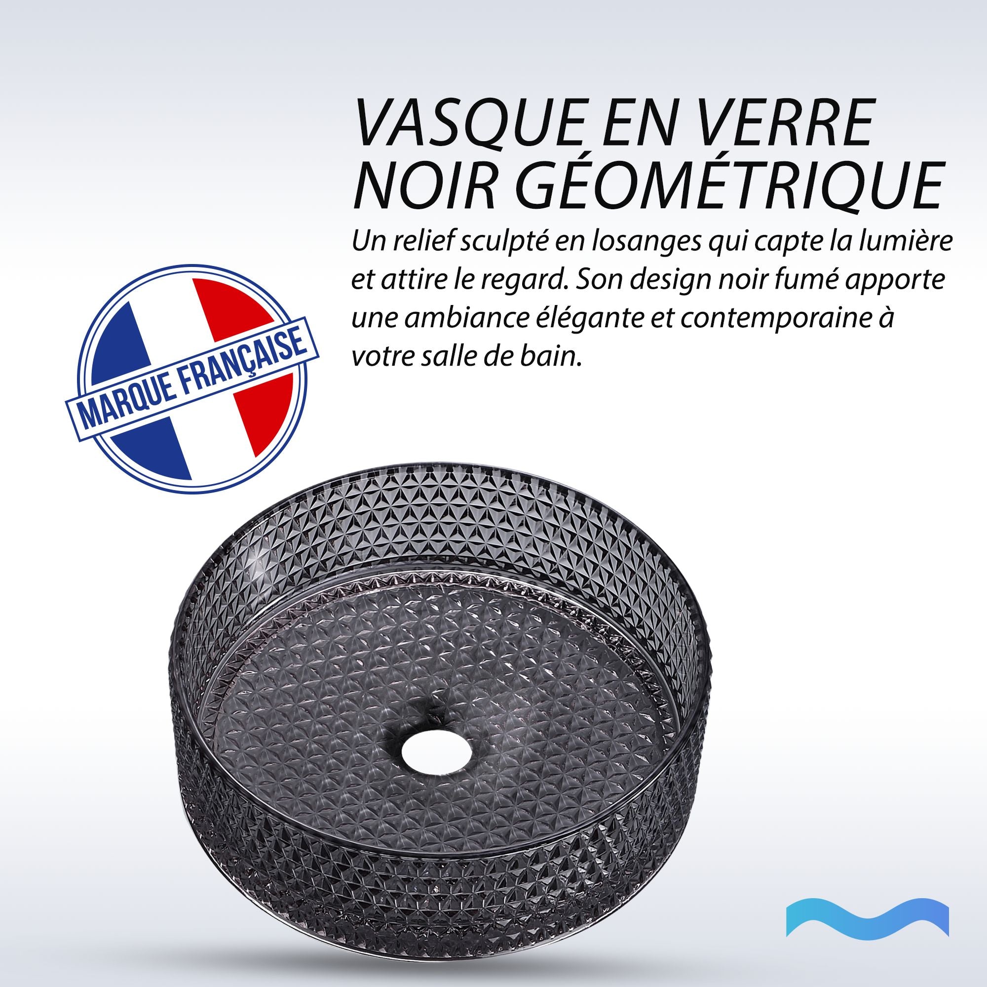 Vasque ronde en verre teinté noir (Ø 36 cm): Round black geometric glass vessel sink for bathroom, 36cm diameter.