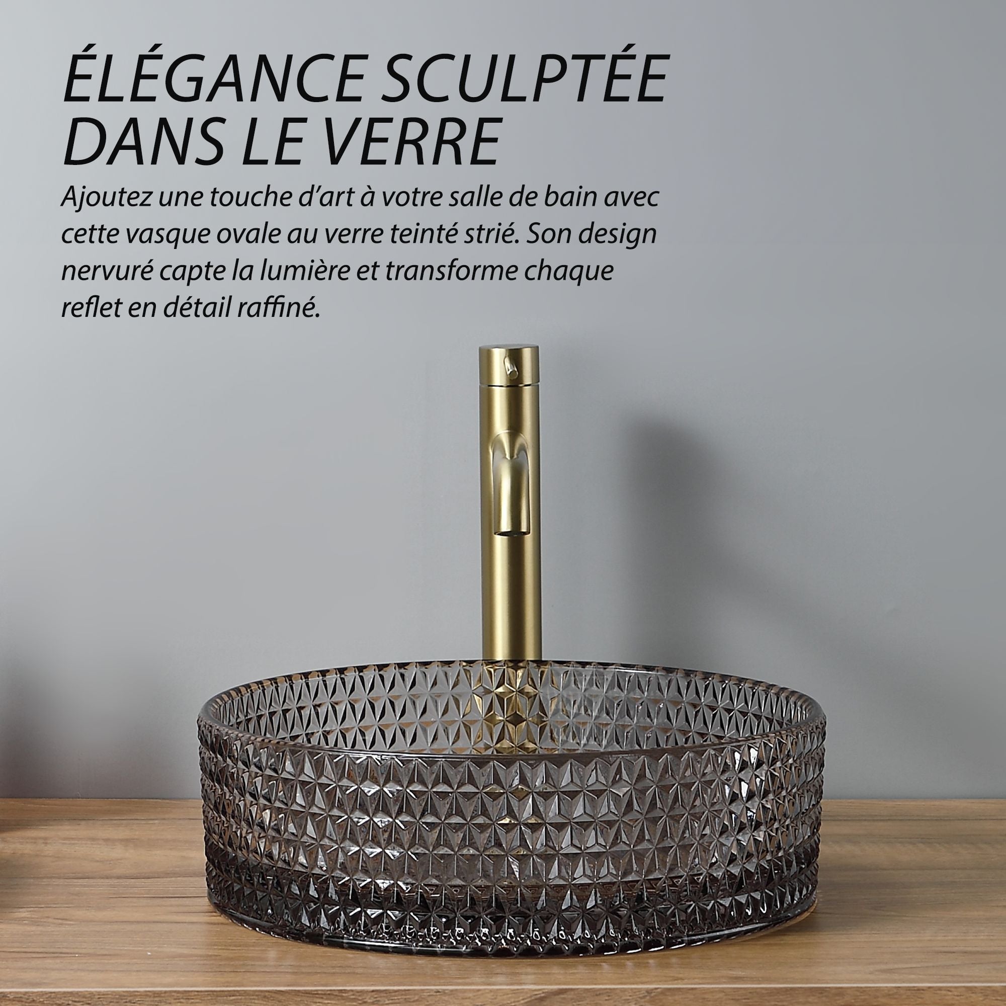 Vasque ronde en verre teinté noir : Vasque ronde Ø36cm, verre teinté foncé à motif géométrique, design salle de bain moderne.