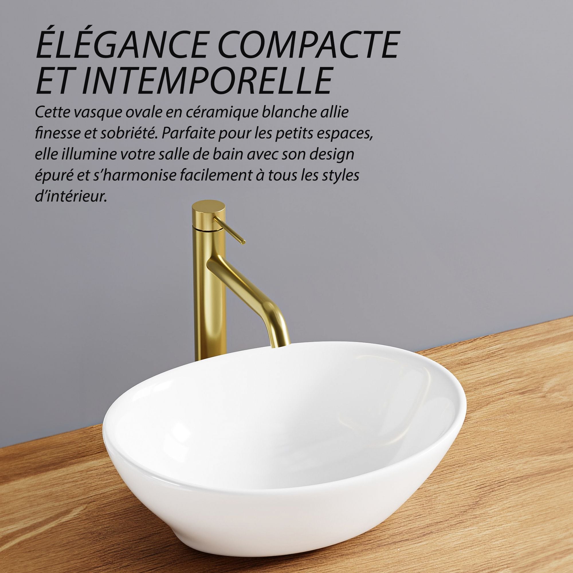 Vasque intemporelle ovale blanche : Élégant lavabo de salle de bain ovale en céramique blanche (41,5x33,5cm) avec un robinet doré moderne.