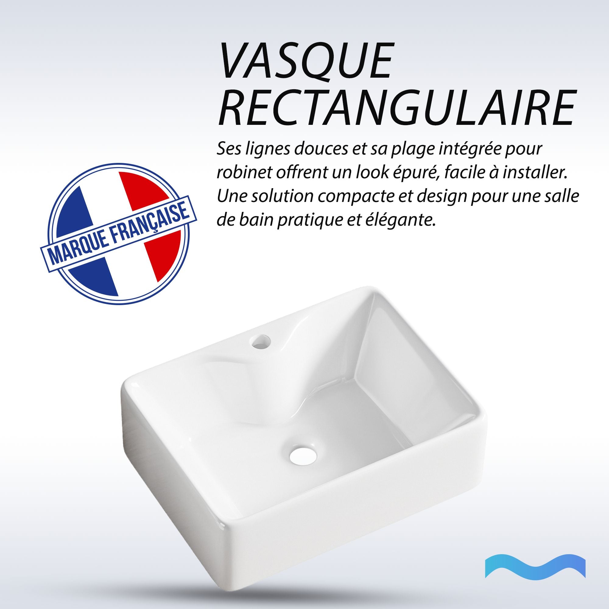 Vasque rectangulaire blanche (40x30cm): Élégante vasque en céramique, design compact avec plage intégrée pour robinet, idéale pour salle de bain.
