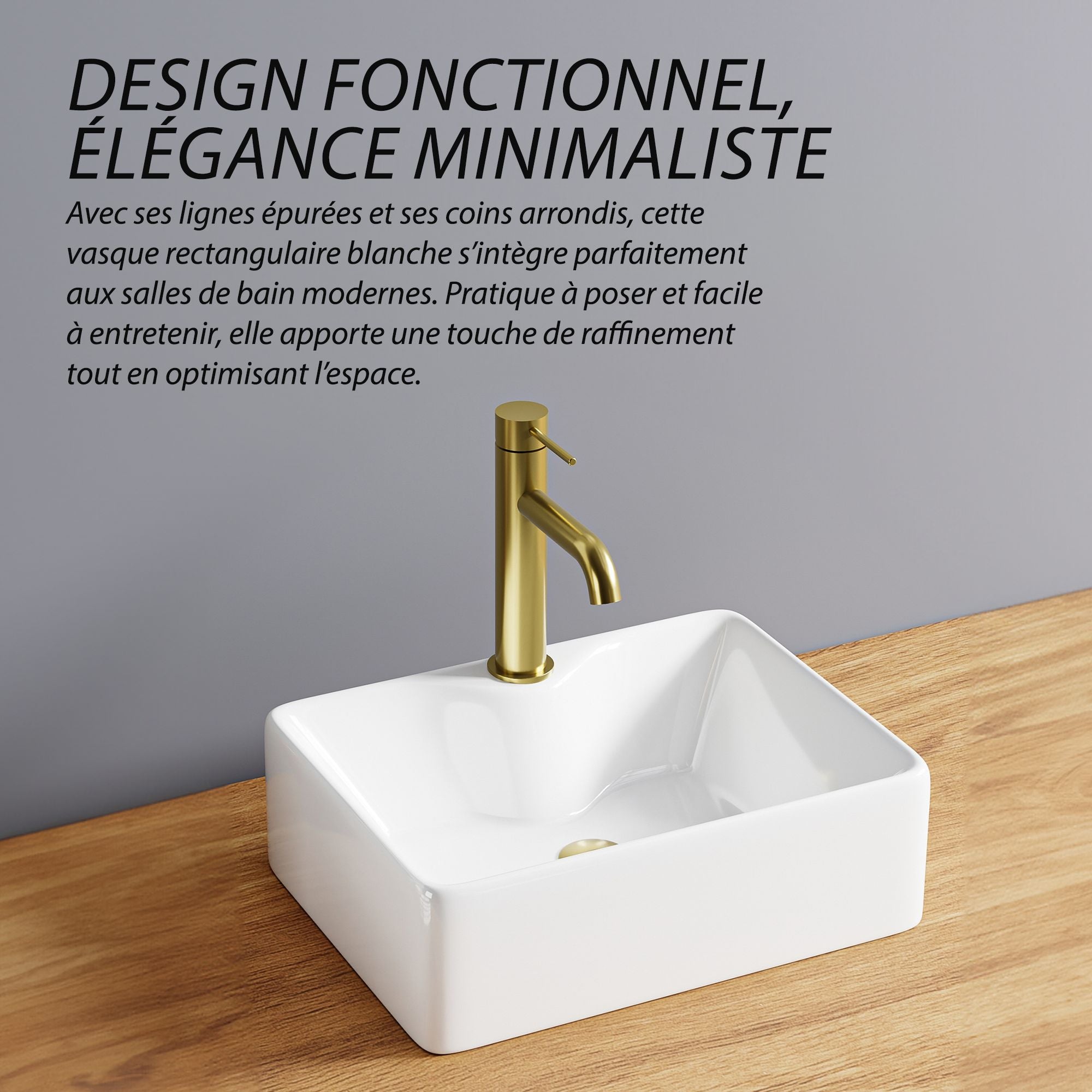 Lavabo de salle de bain moderne en céramique blanche (40x30cm), rectangulaire aux coins arrondis, doté d'un robinet doré.