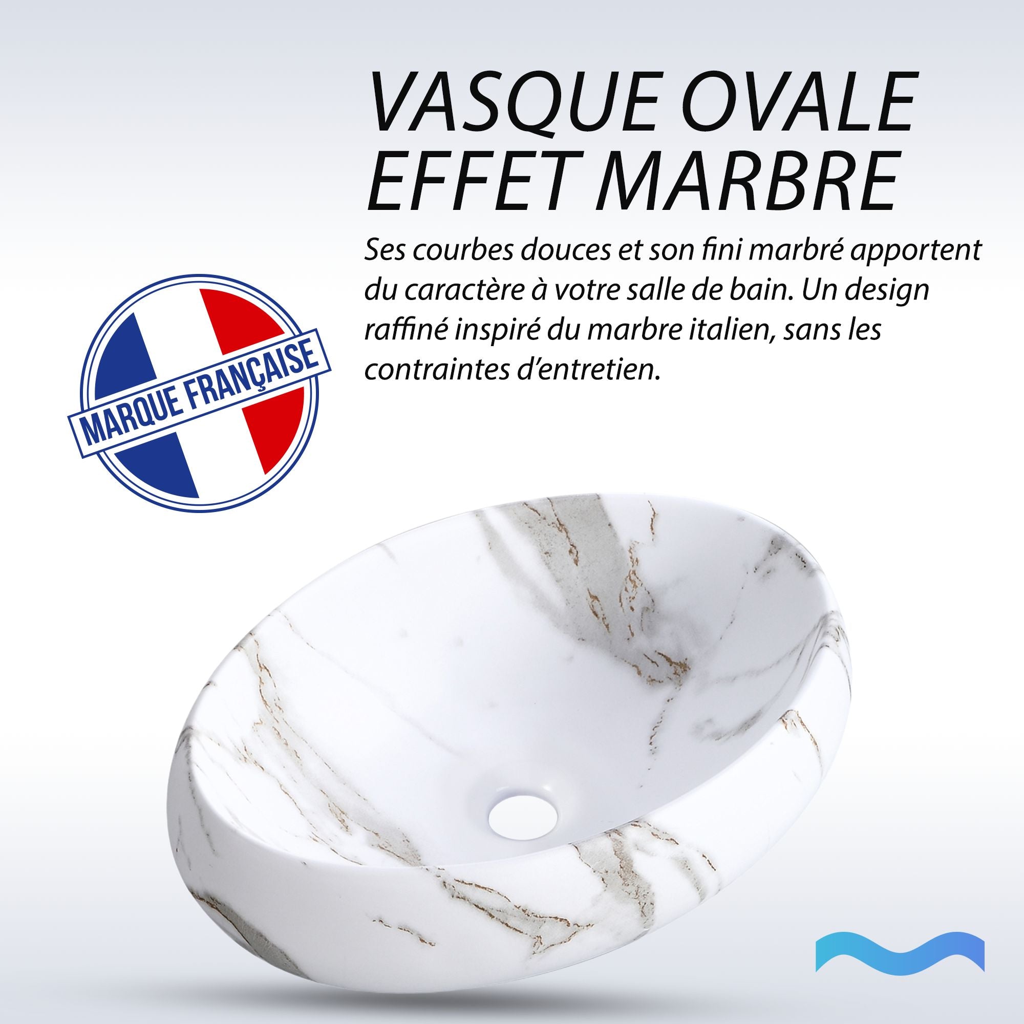 Vasque ovale blanche effet marbre: Elegant oval sink (48x35cm) with a stylish marble design. Perfect for modern bathrooms.