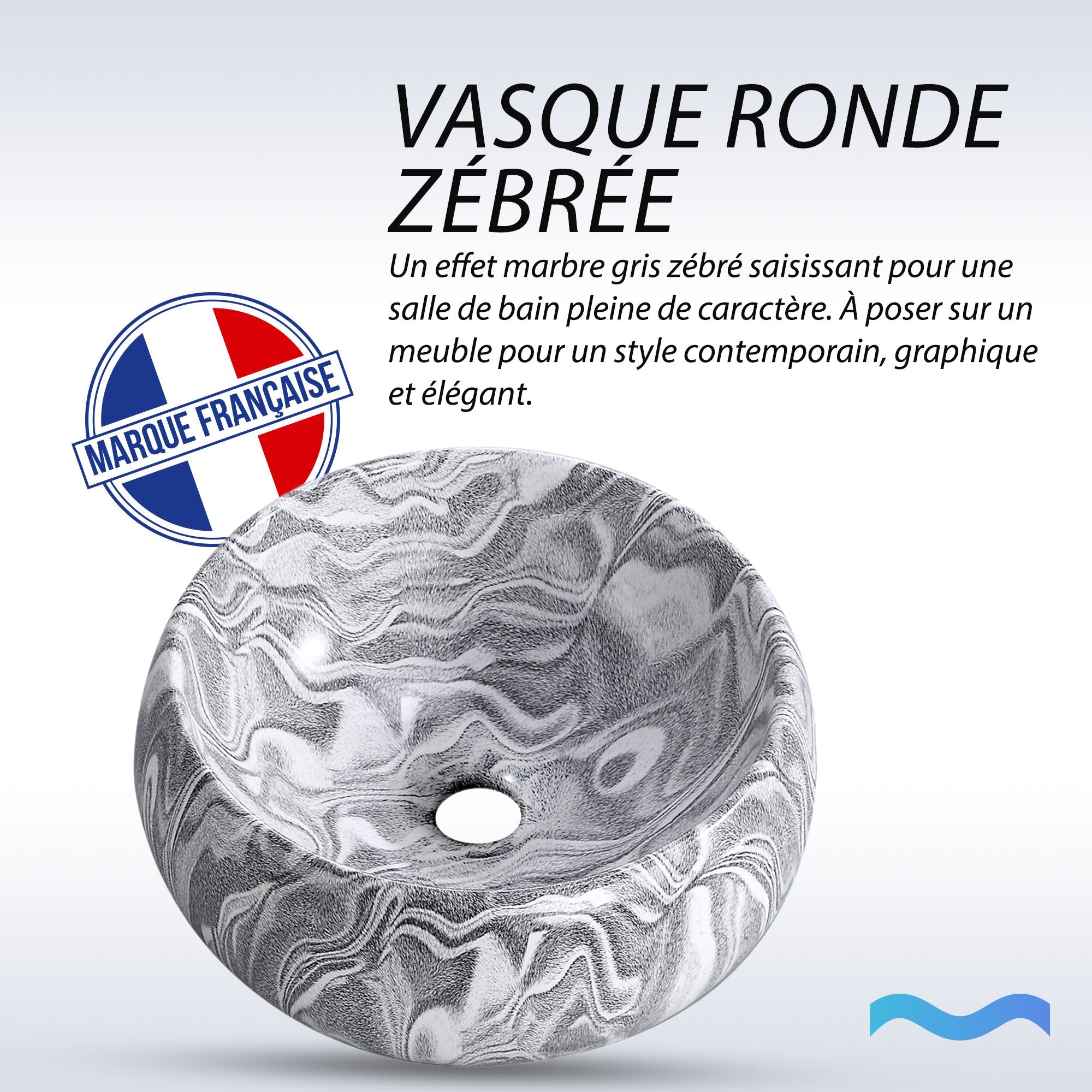 Vasque ronde creuse : Vasque ronde de 40 cm de diamètre avec un élégant effet marbre zébré gris, parfaite pour les salles de bains modernes.