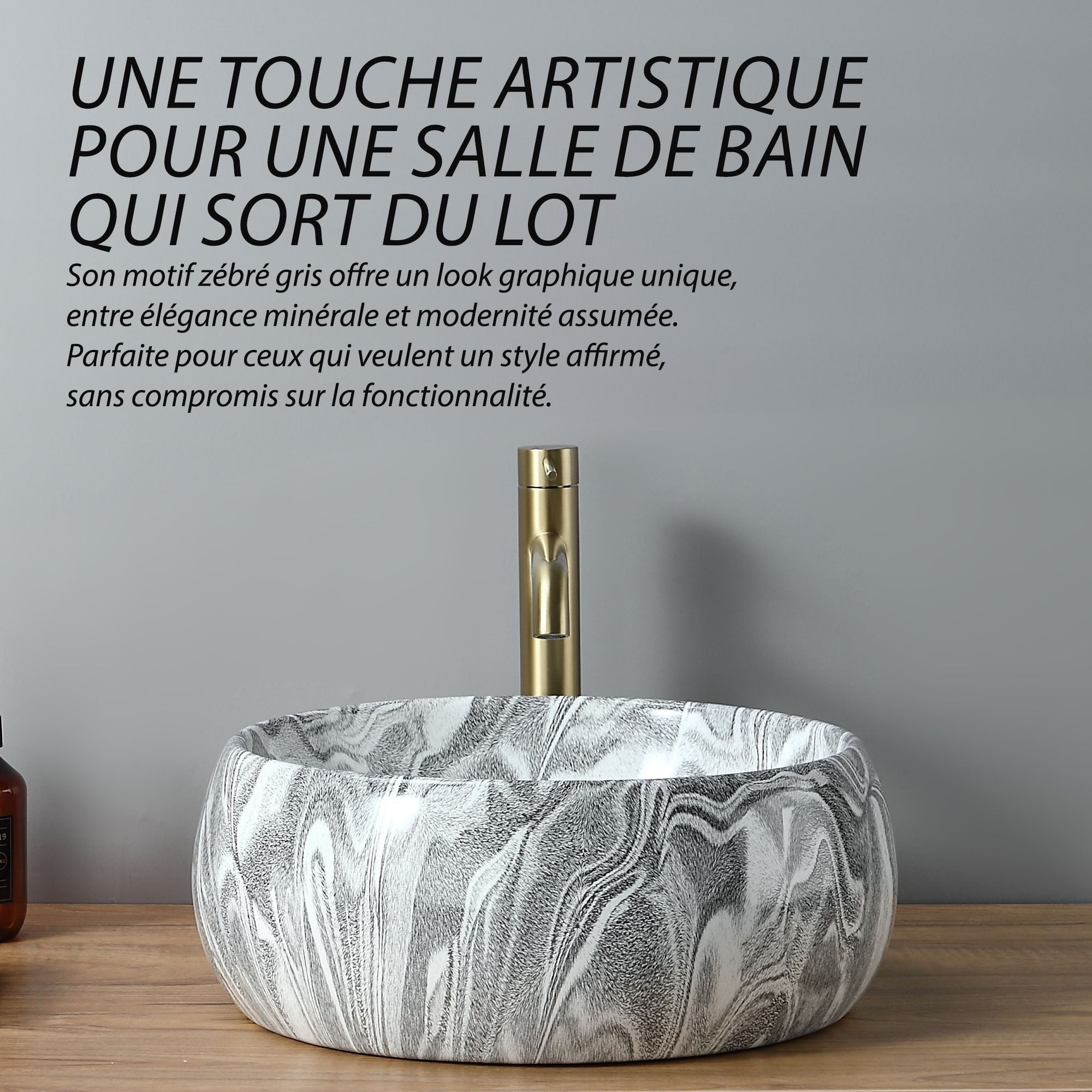 Vasque ronde creuse effet gris zébré: 40cm diameter round sink with a stylish grey zebra marble effect and gold faucet.