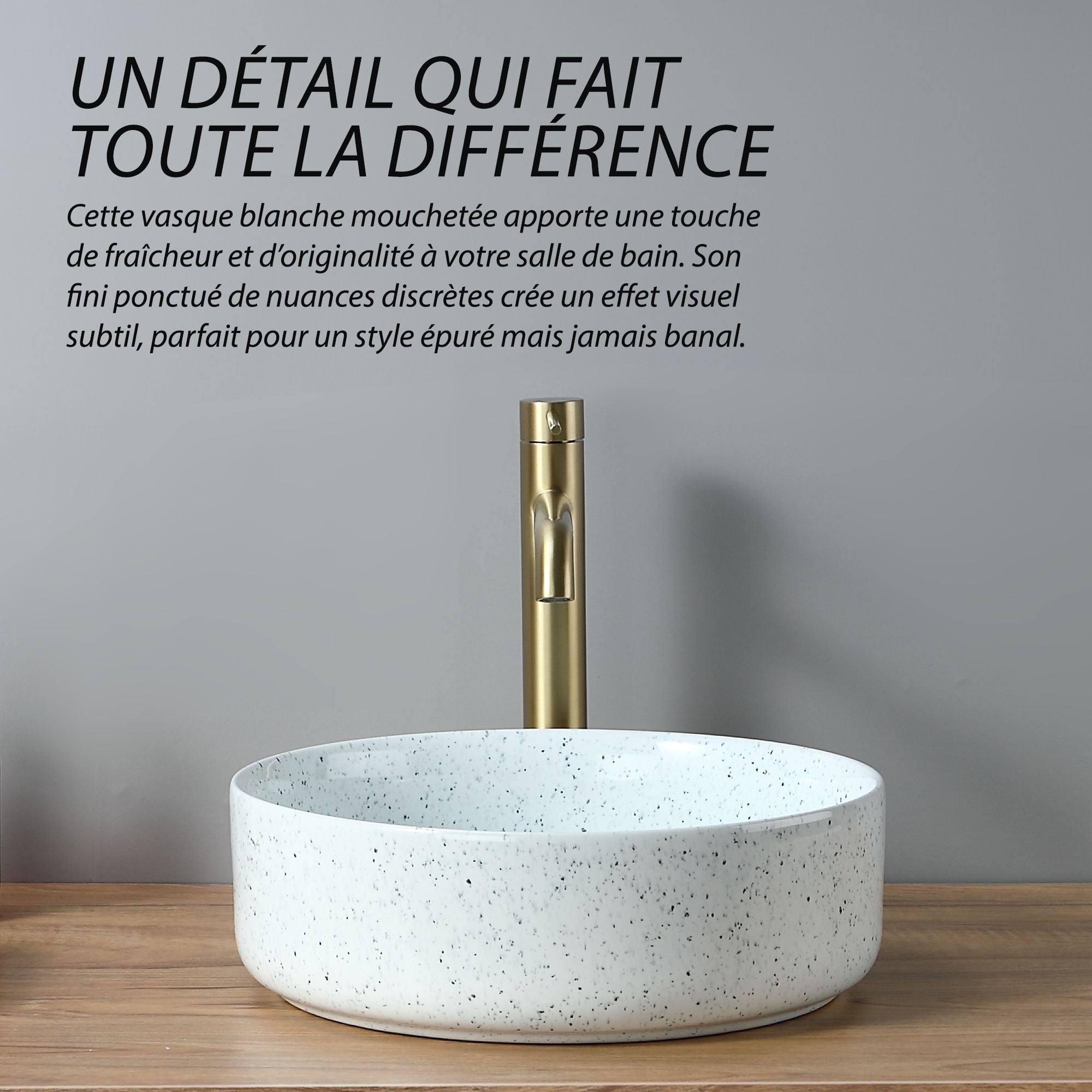 Vasque ronde blanche avec petits points: 36x36cm modern ceramic vessel sink with gold faucet. Stylish bathroom sink.
