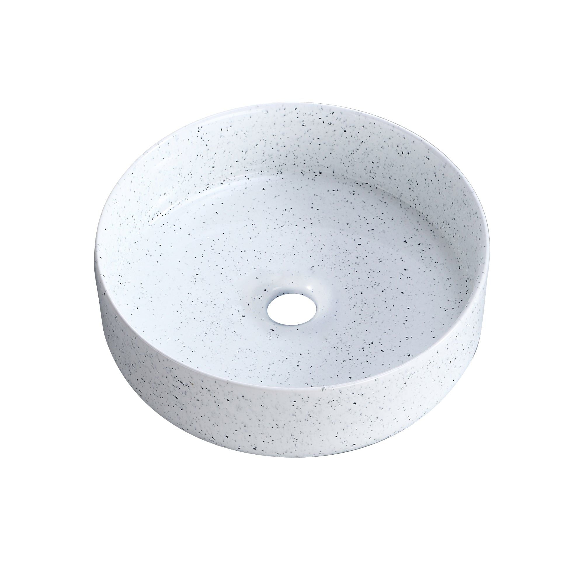 Vasque ronde blanche avec petits points (36 × 36 cm) : Vasque ronde en céramique blanche, 36x36cm, avec petits points noirs.