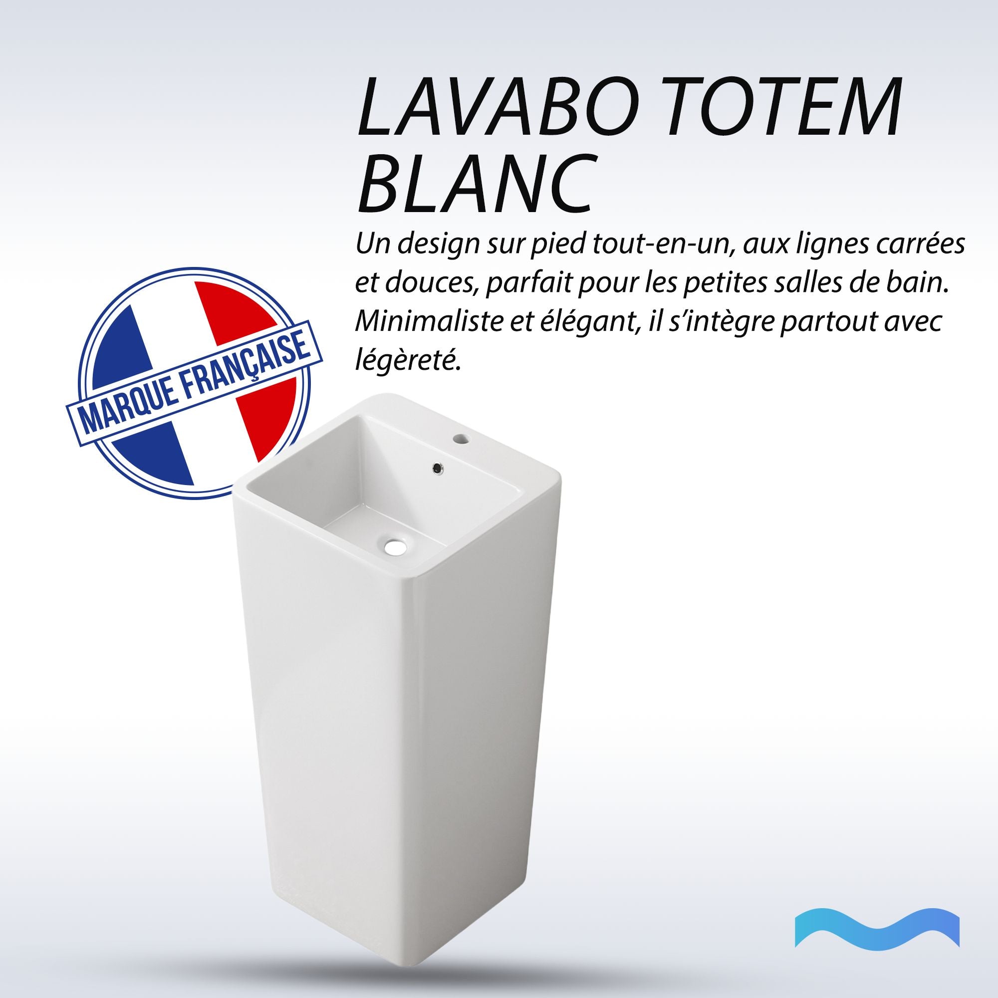 Lavabo Totem blanc : Lavabo sur pied carré blanc moderne, design minimaliste, parfait pour les petites salles de bain.