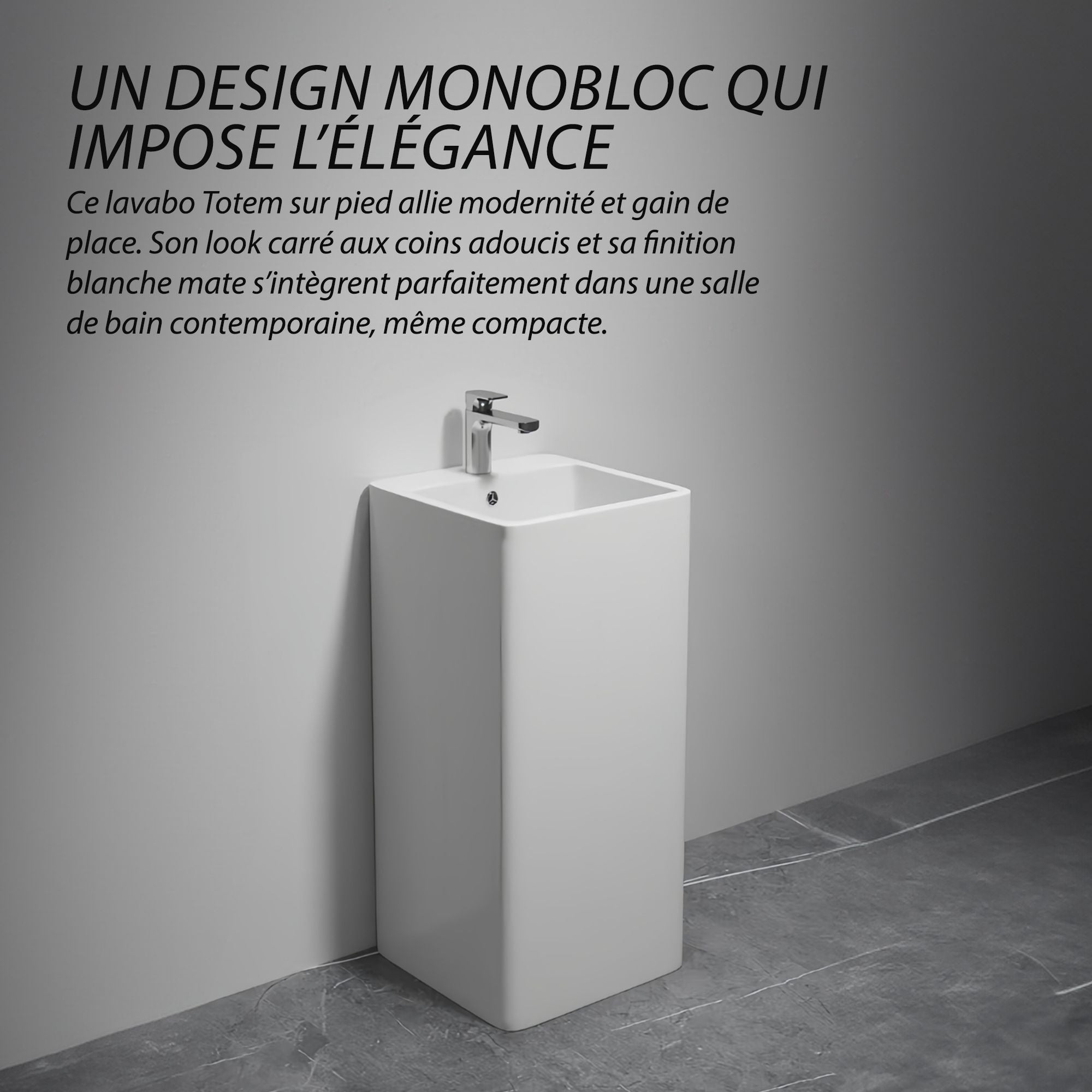 Lavabo Totem blanc carrée arrondie : Lavabo sur pied blanc moderne aux angles doux et arrondis.