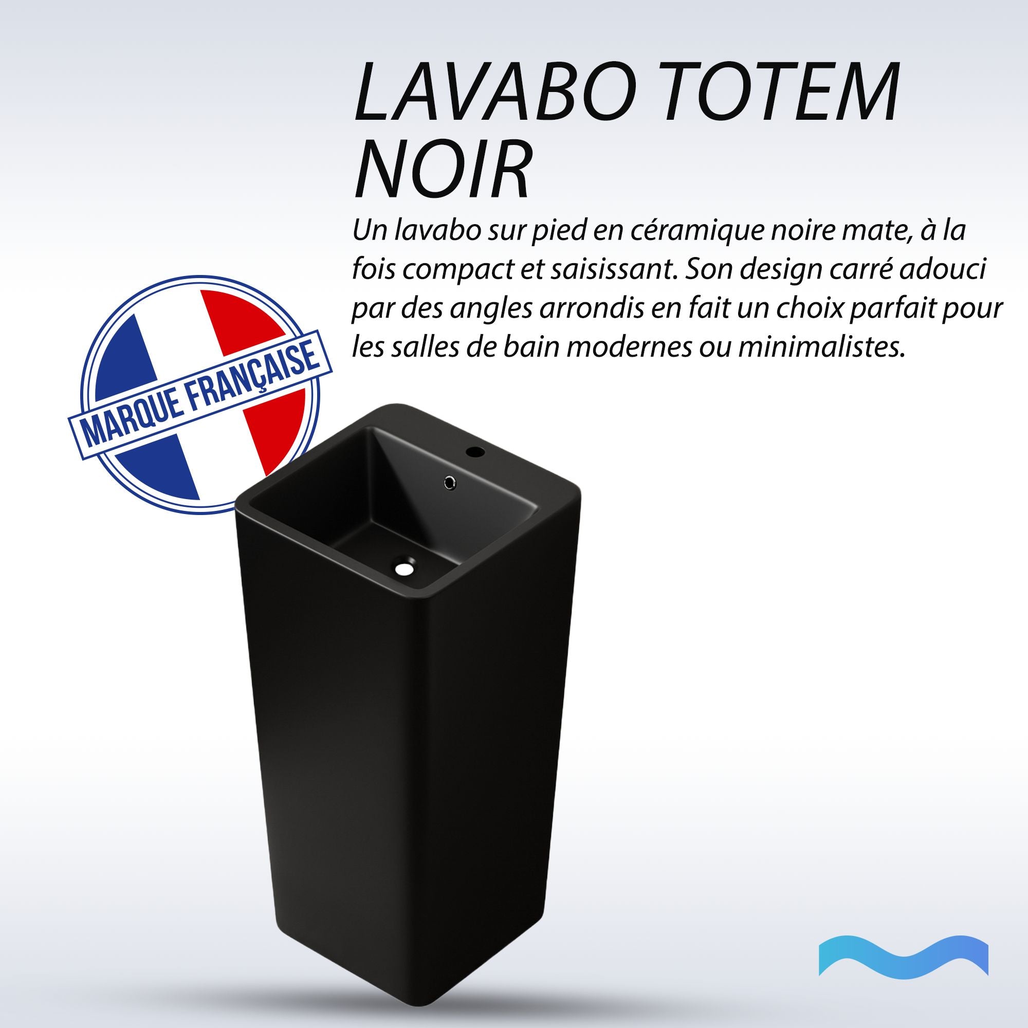 Lavabo Totem noir Carré : Lavabo sur pied moderne en céramique noire au design carré minimaliste et aux coins arrondis, parfait pour les salles de bains contemporaines.