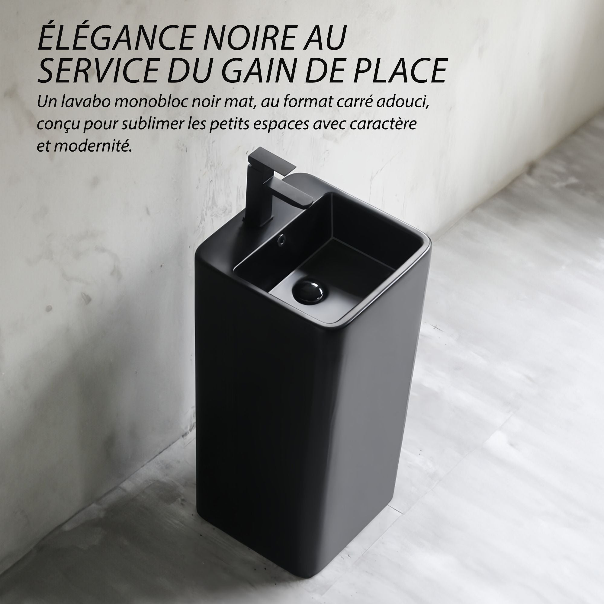 Lavabo Totem noir Carré : Lavabo sur colonne carré noir moderne, design minimaliste, solution gain de place pour les salles de bain.