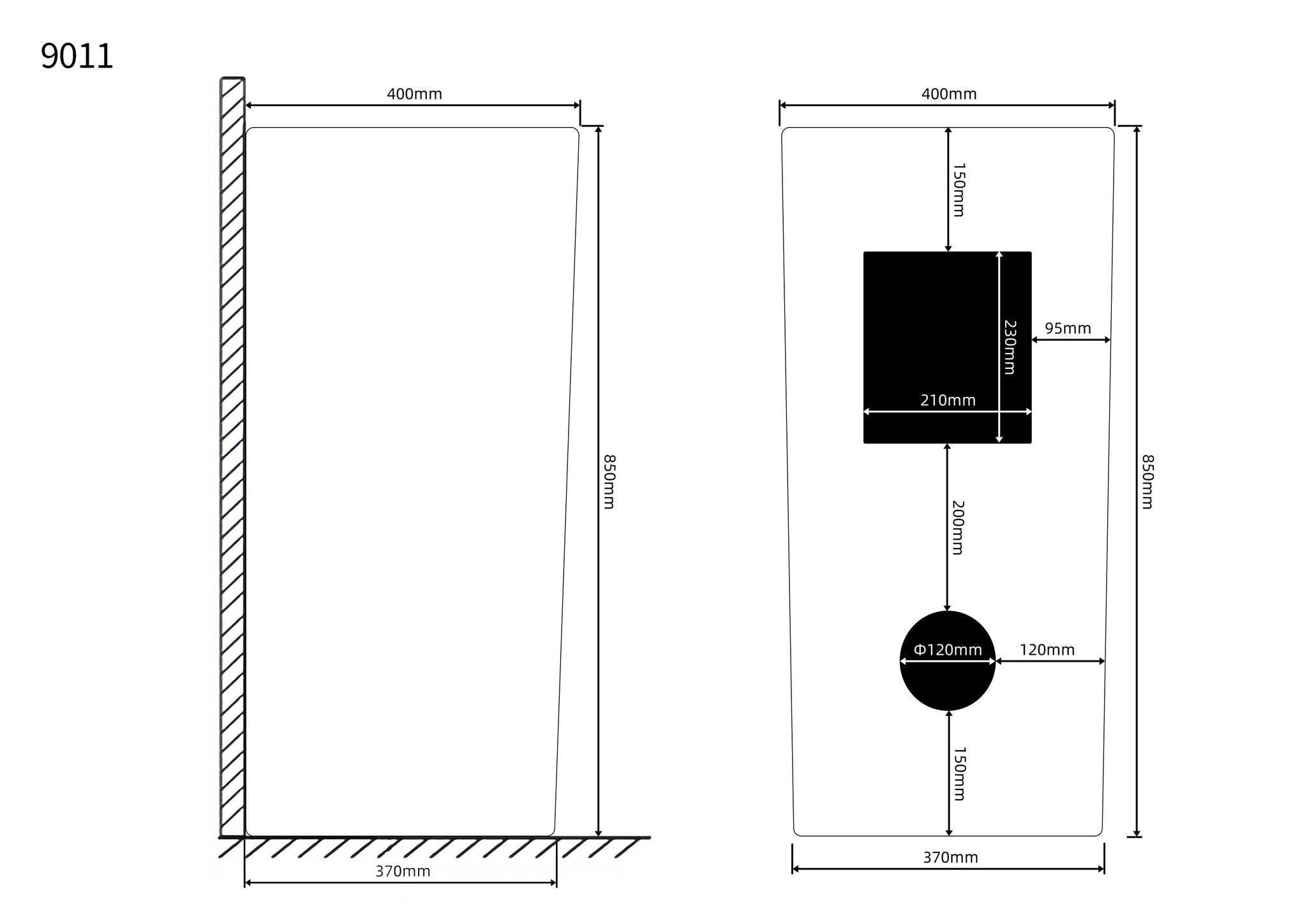 Lavabo Totem noir Carré : Dessin technique montrant les dimensions d'un lavabo de salle de bain carré noir.