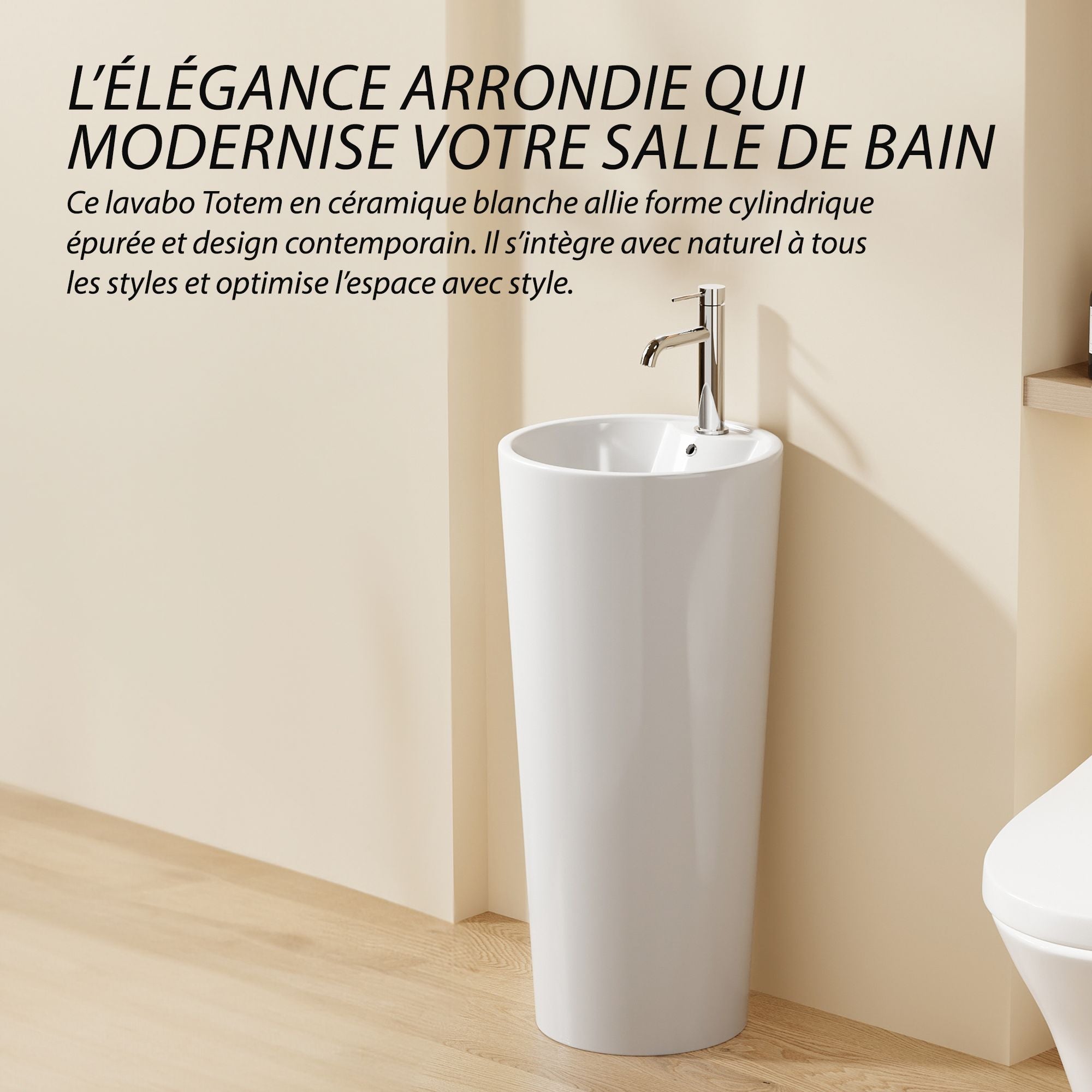 Lavabo Totem Design Rond et Épuré Blanc: Modern white ceramic bathroom sink, cylindrical design, minimalist style.
