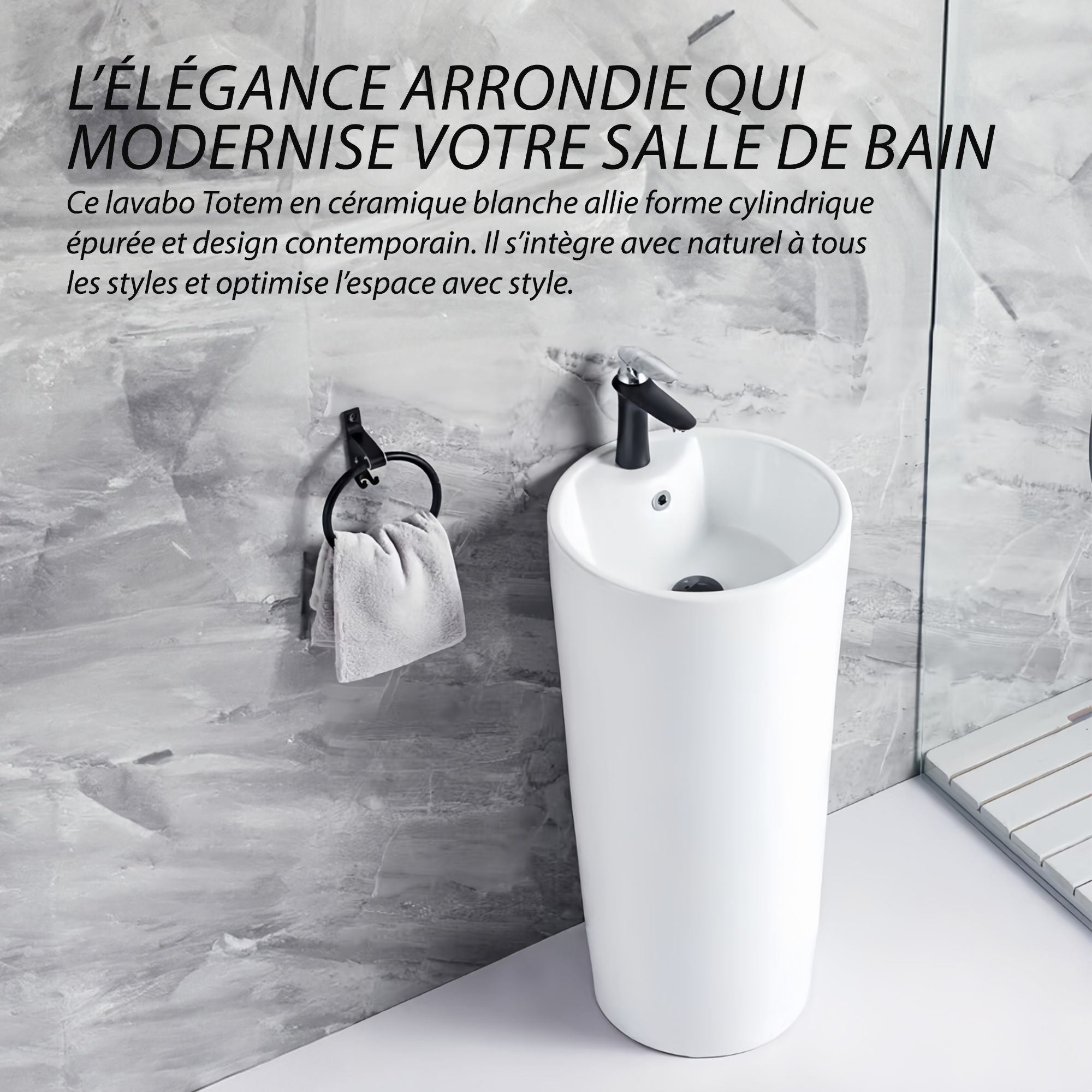Lavabo Totem Design Rond et Épuré Blanc : Lavabo sur pied moderne en céramique blanche, design minimaliste, parfait pour les salles de bain contemporaines.