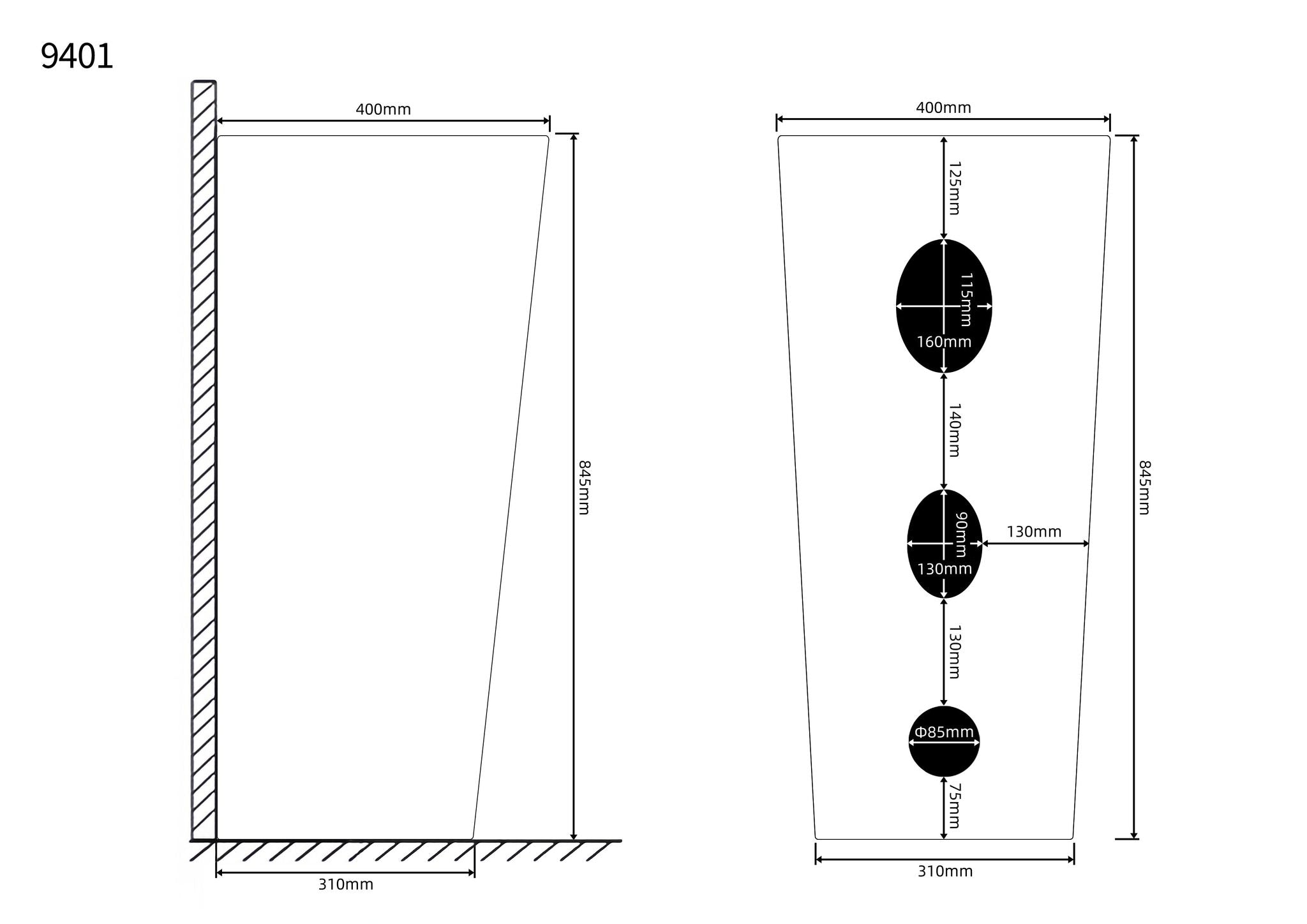 Lavabo Totem Design Rond et Épuré Noir : Lavabo noir moderne et minimaliste avec découpes circulaires. Dimensions indiquées.