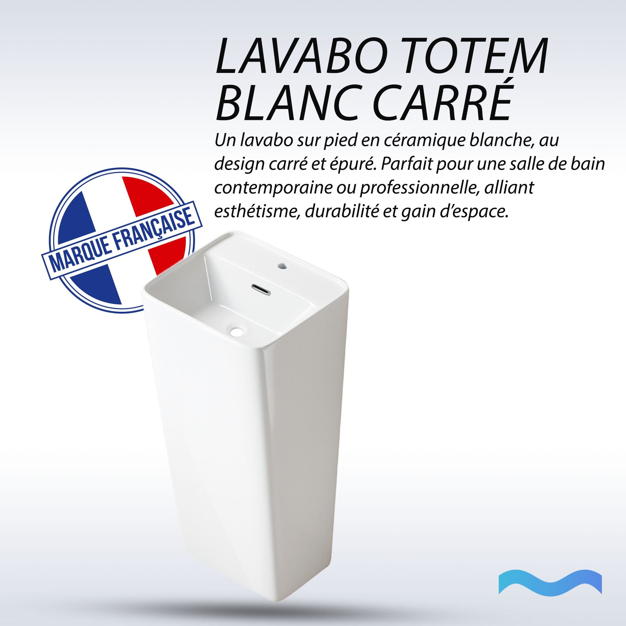 Lavabo Totem Blanc Carré : Lavabo sur pied carré en céramique blanche moderne, parfait pour les salles de bains contemporaines.