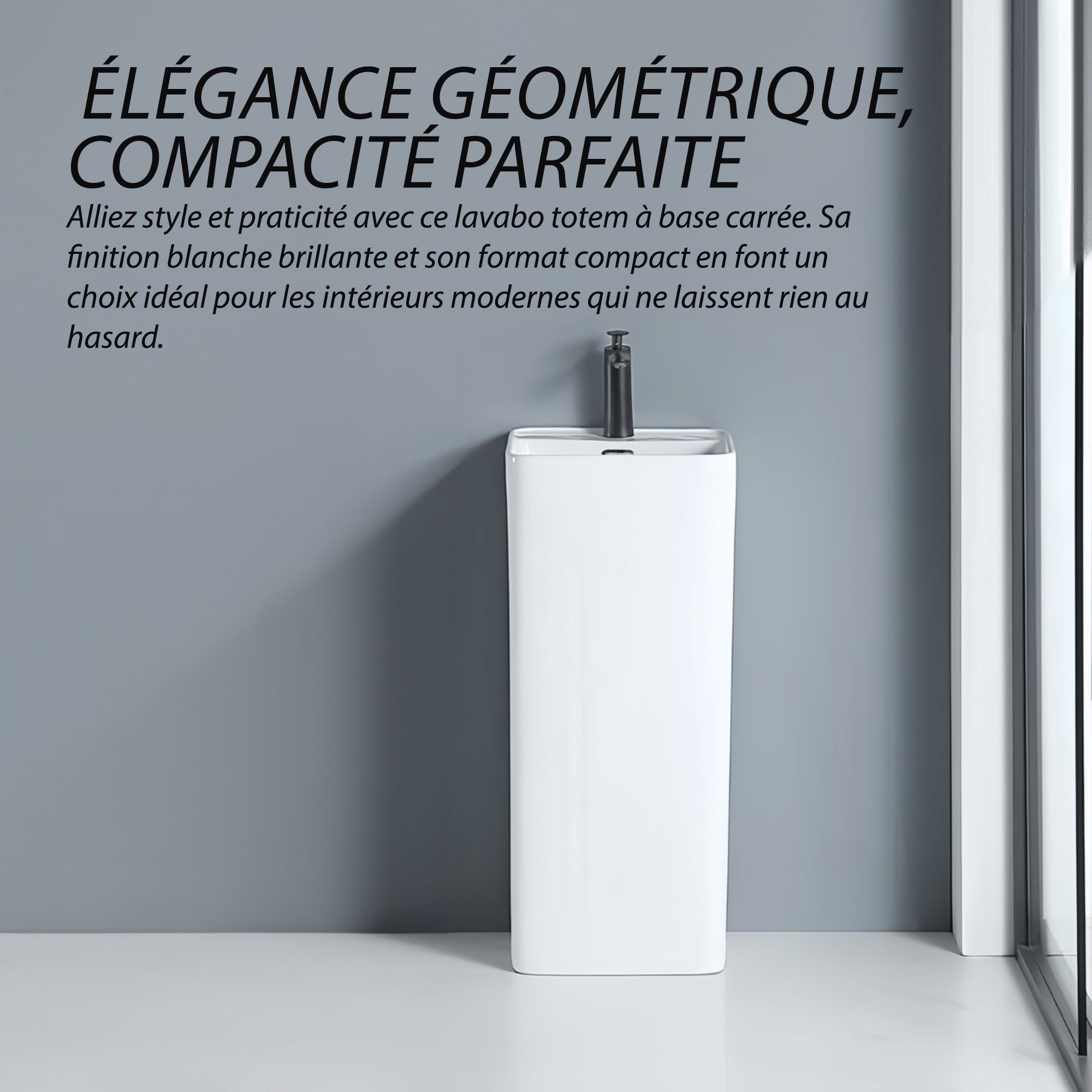 Lavabo Totem Blanc Carré : Lavabo sur pied compact moderne en céramique blanche avec vasque carrée et design minimaliste.
