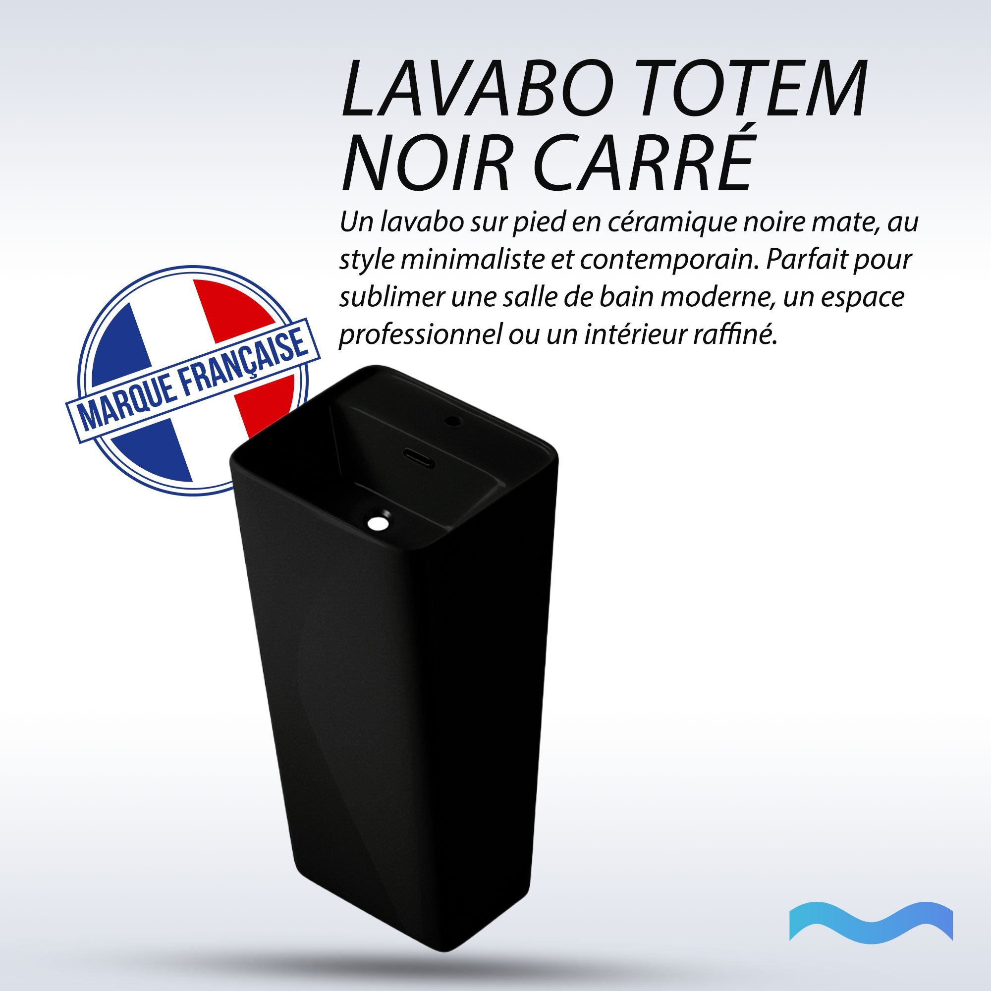 Lavabo Totem Noir Carré : Lavabo sur pied carré en céramique noire minimaliste moderne pour salles de bains contemporaines.