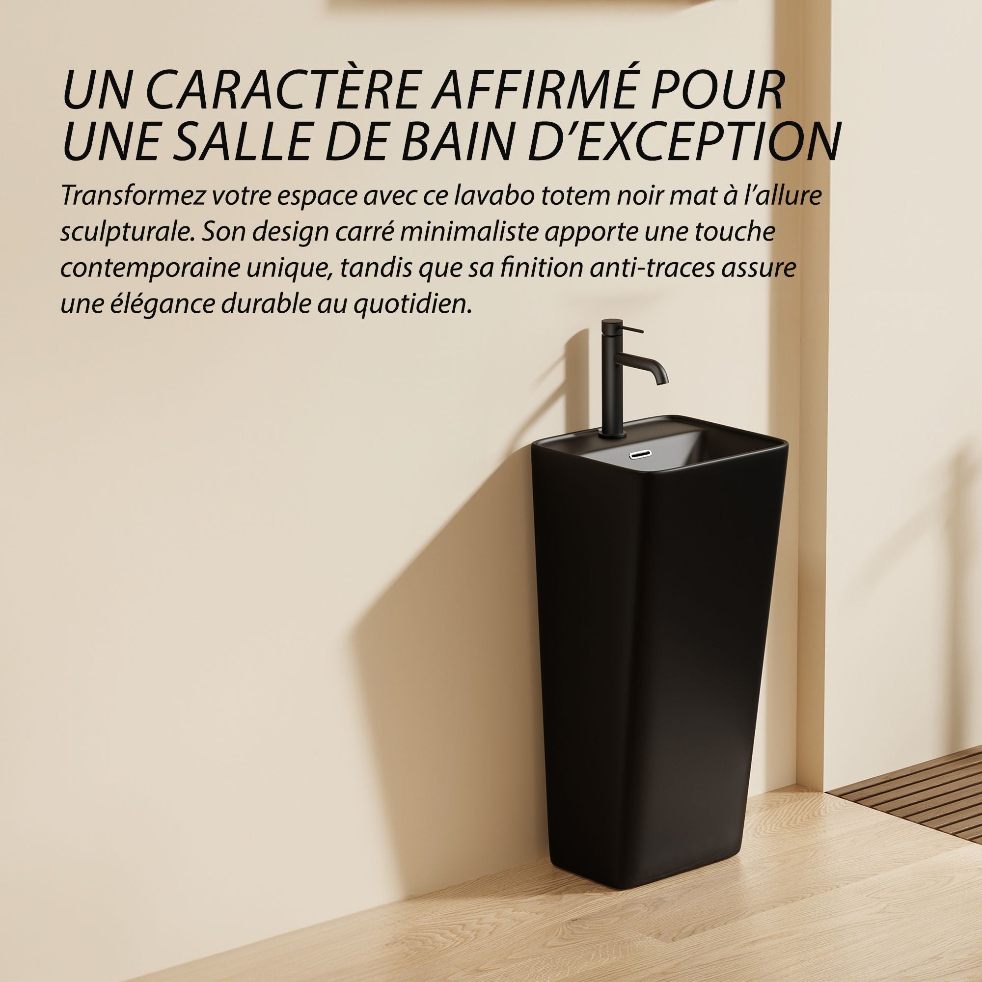 Lavabo Totem Noir Carré : Lavabo sur colonne noir mat moderne au design carré minimaliste. Idéal pour les salles de bains contemporaines.